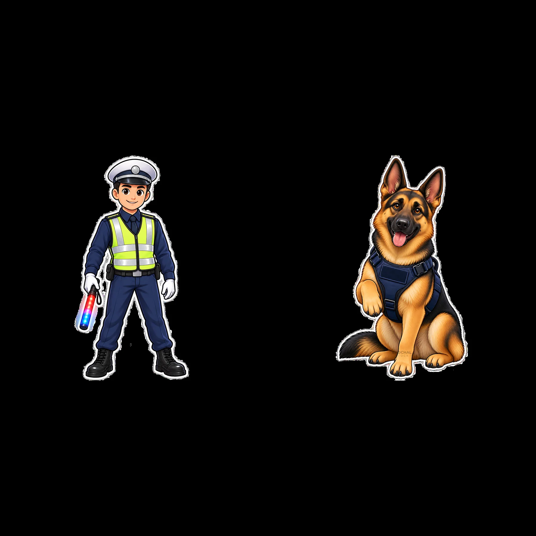 Police officer and police dog cartoon sticker pair - AI-generated stock image