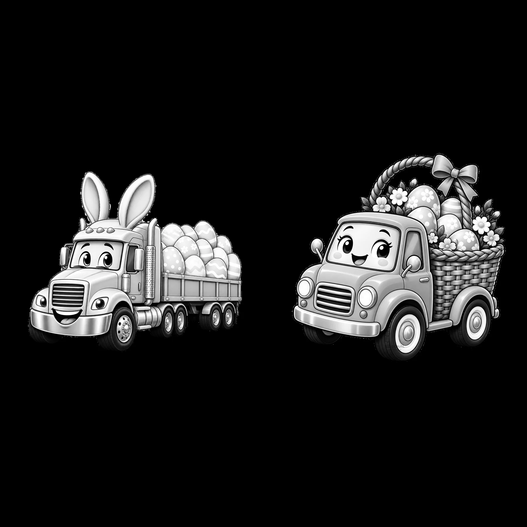 Easter truck with eggs and a basket in black and white design - AI-generated stock image