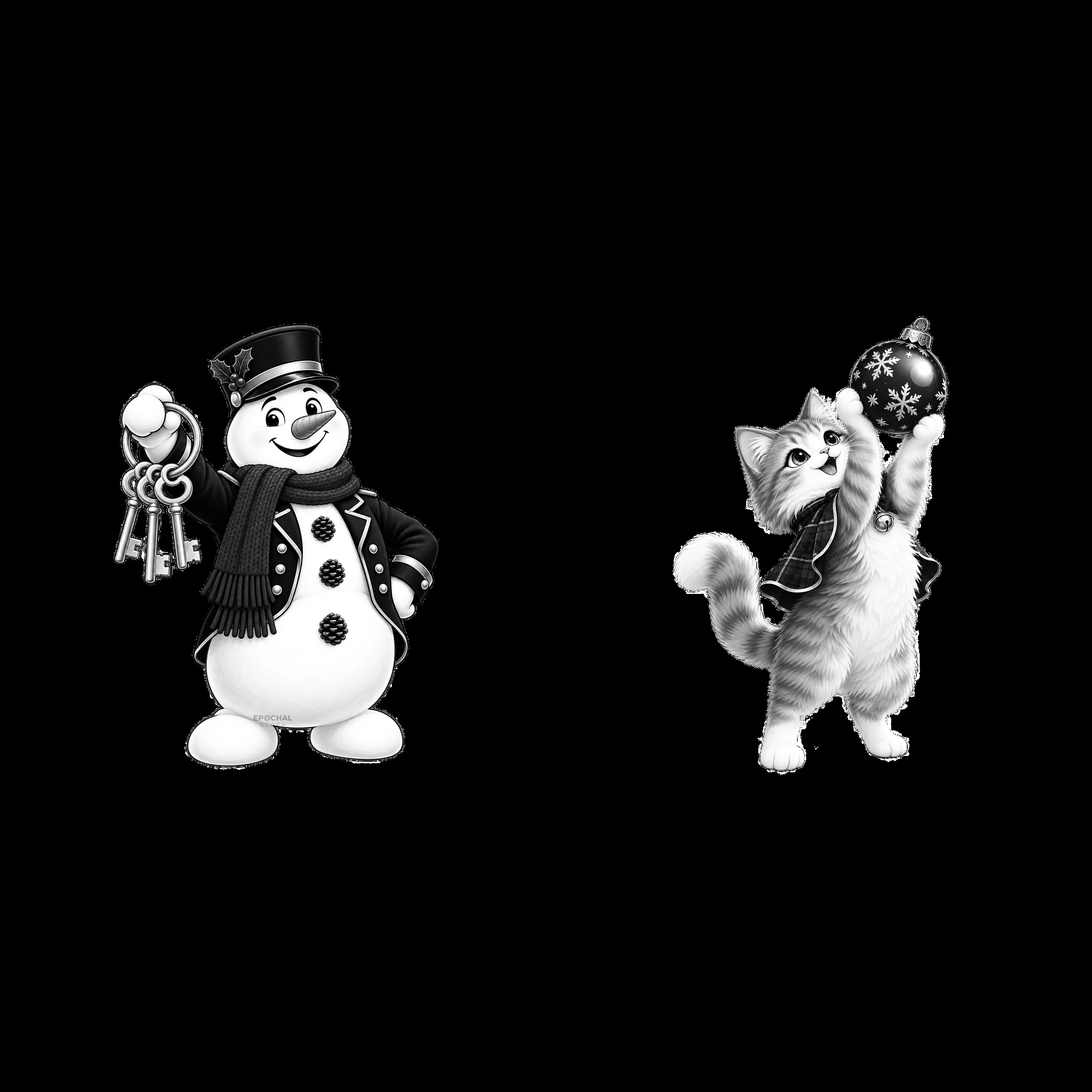 Snowman with keys and cat holding Christmas ornament - AI-generated stock image