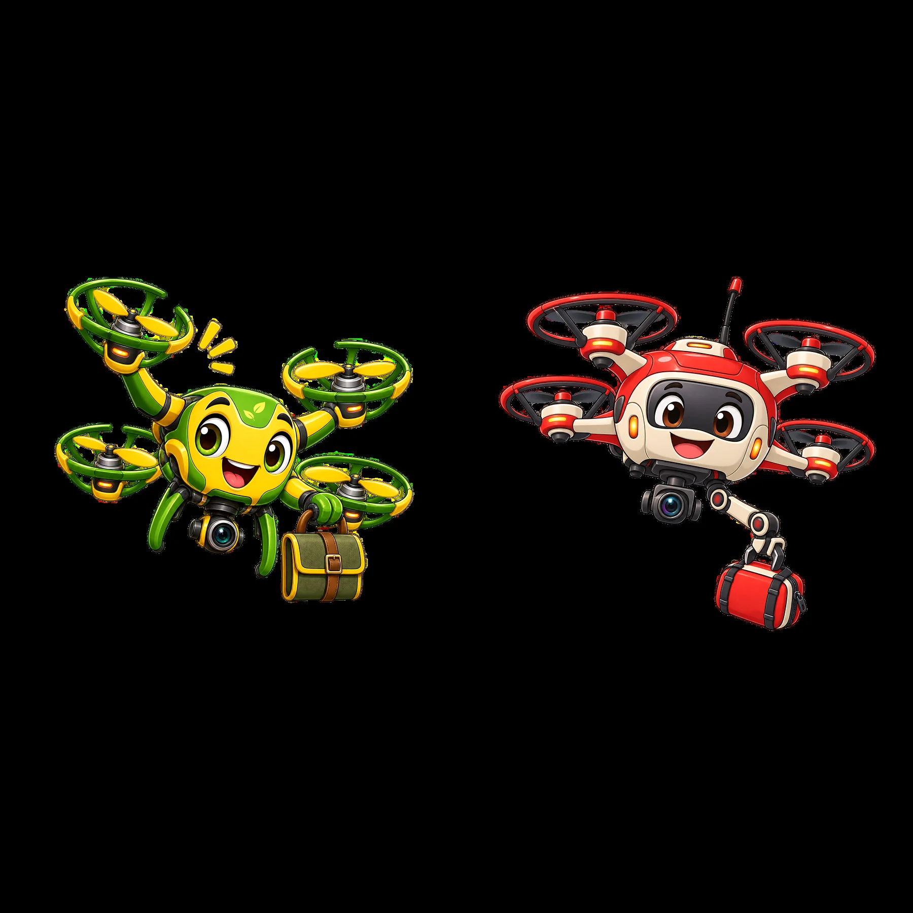 Cartoon drones with accessories in playful designs - AI-generated stock image