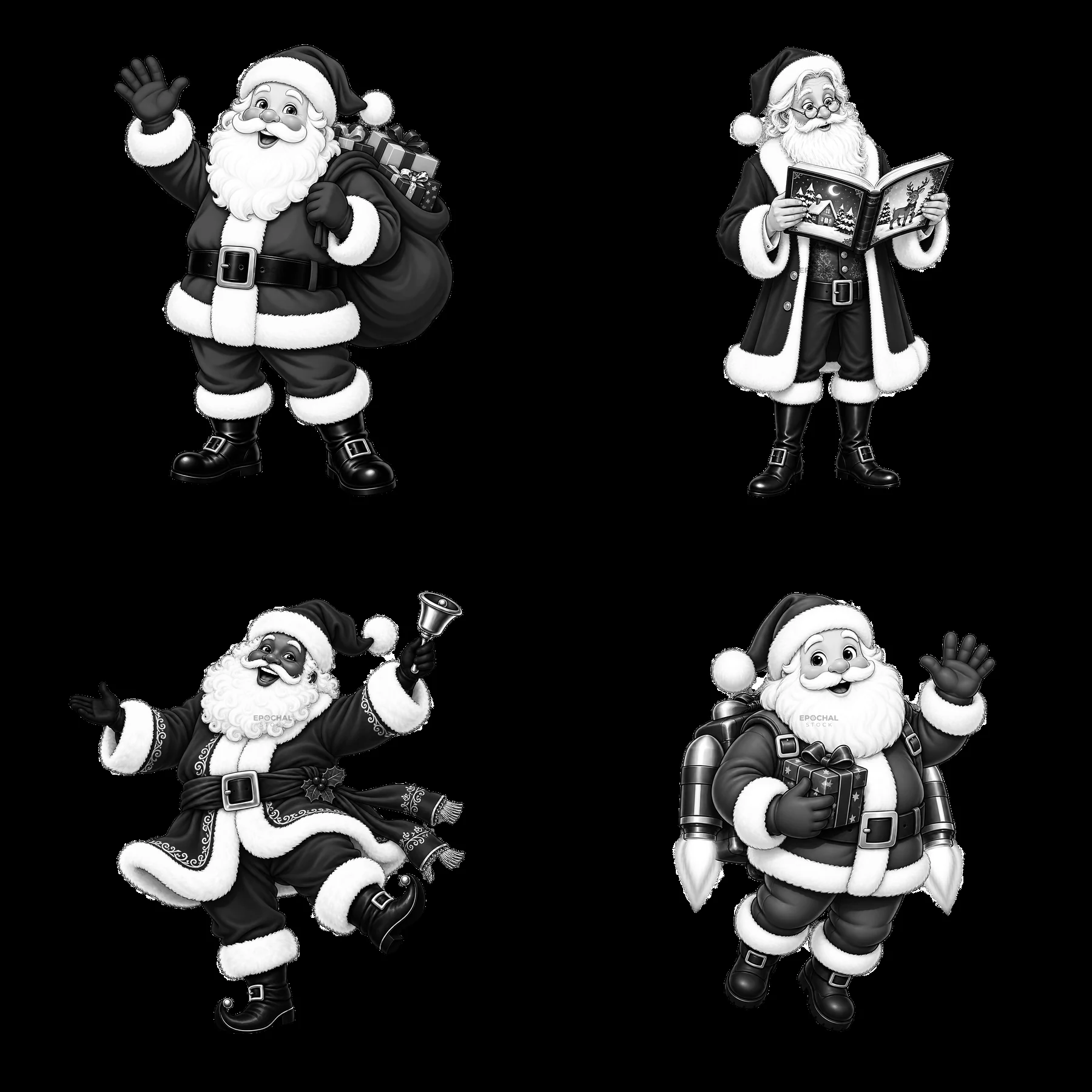 Santa Claus in four different poses with festive accessories - AI-generated stock image