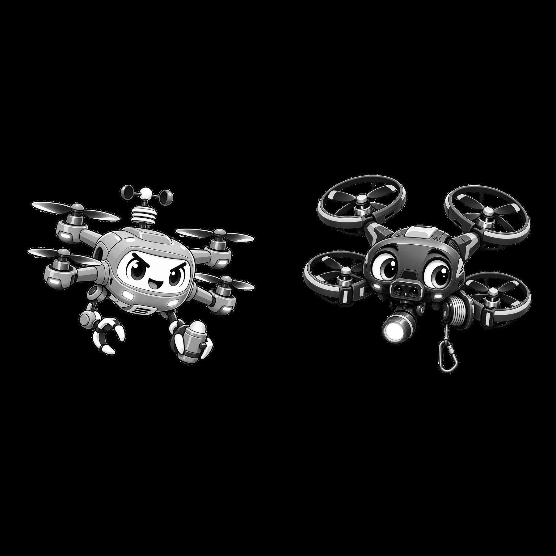 Cartoon drone characters with unique designs and playful features - AI-generated stock image
