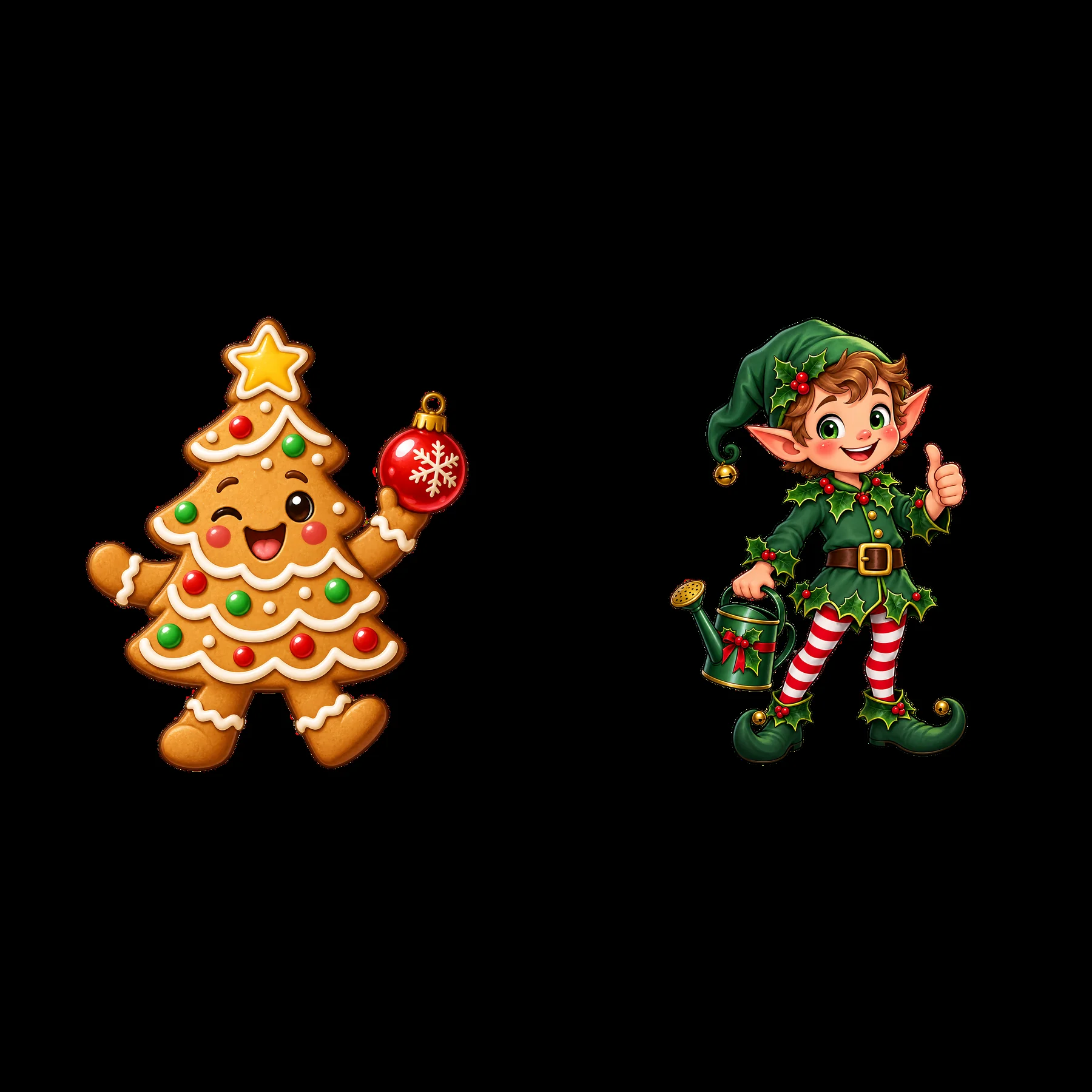 Christmas tree and elf cartoon stickers for holiday themes - AI-generated stock image