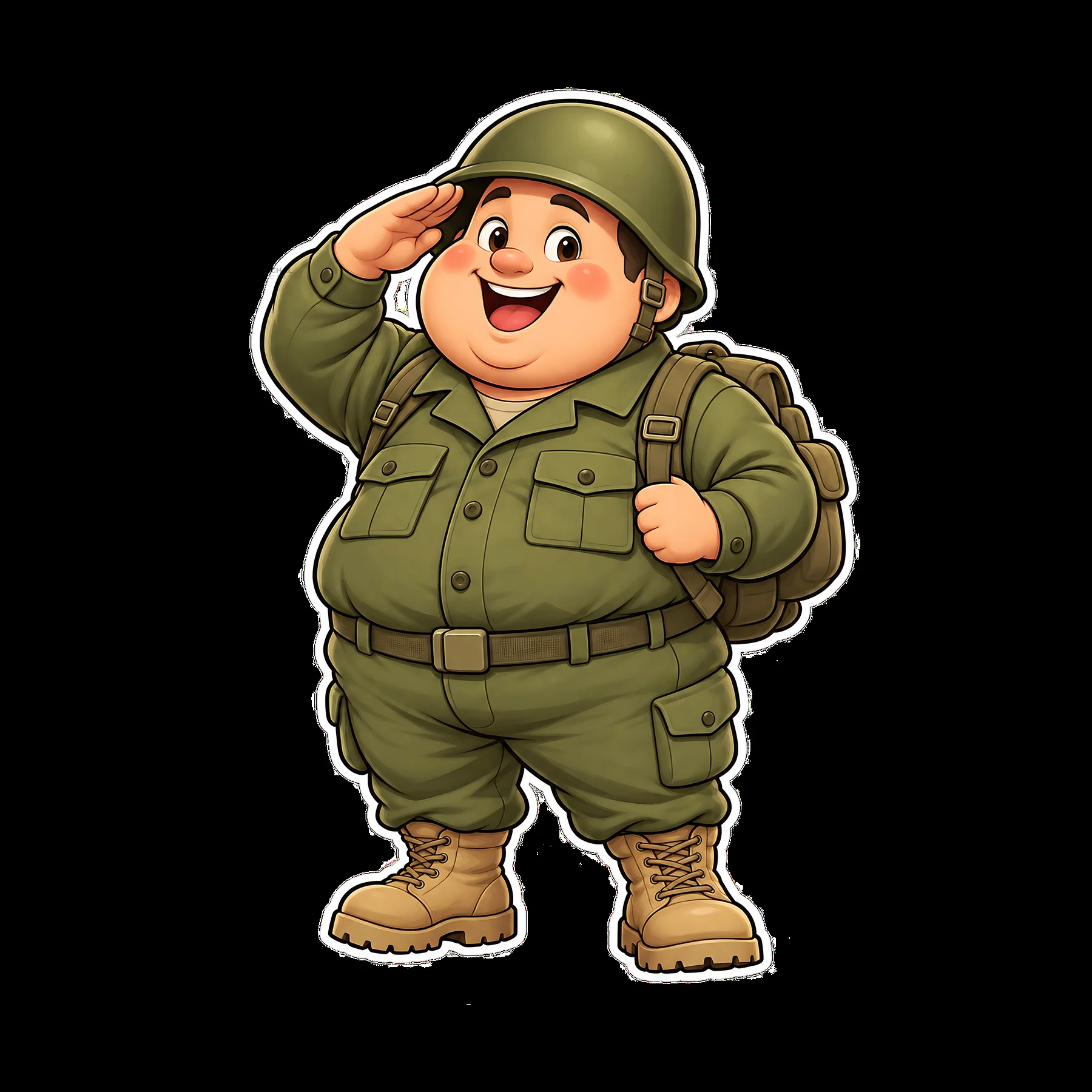 Ultra-chubby cartoon soldier saluting with backpack - AI-generated stock image