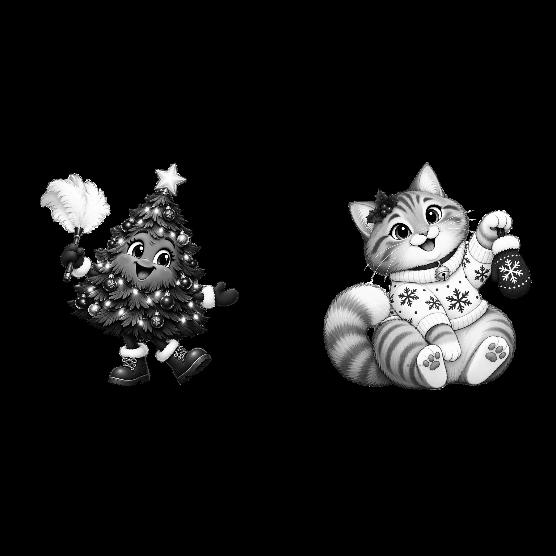 Funny Christmas tree character and cute cat in winter sweater - AI-generated stock image