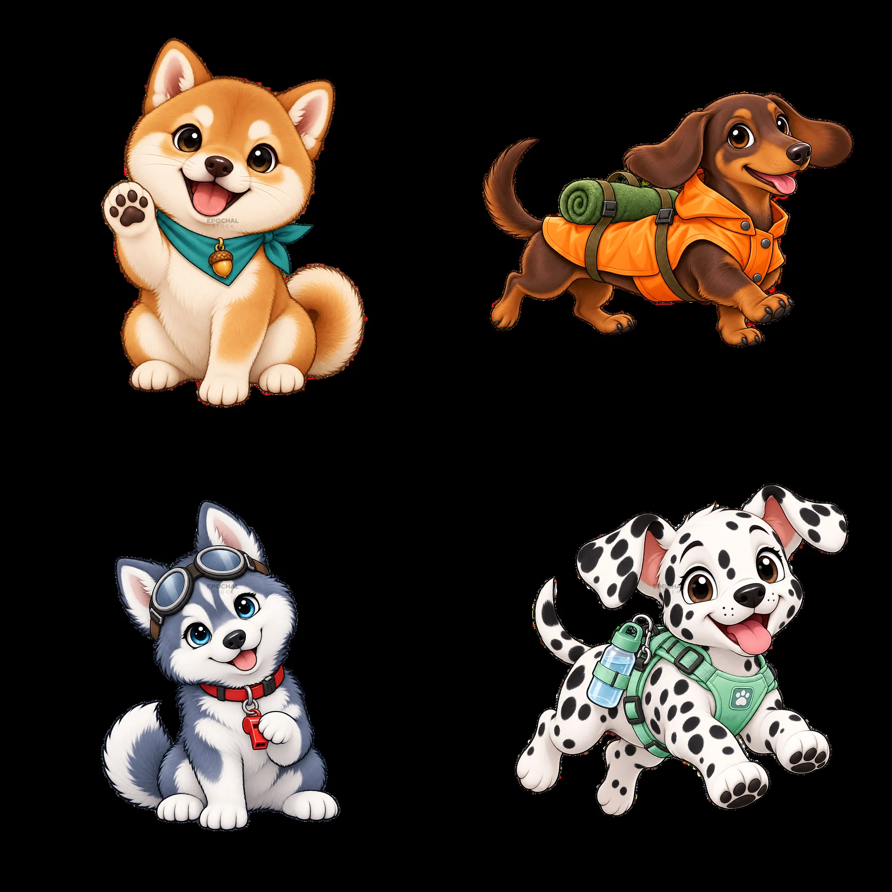 Four cute cartoon K-9 dogs in playful poses with accessories - AI-generated stock image