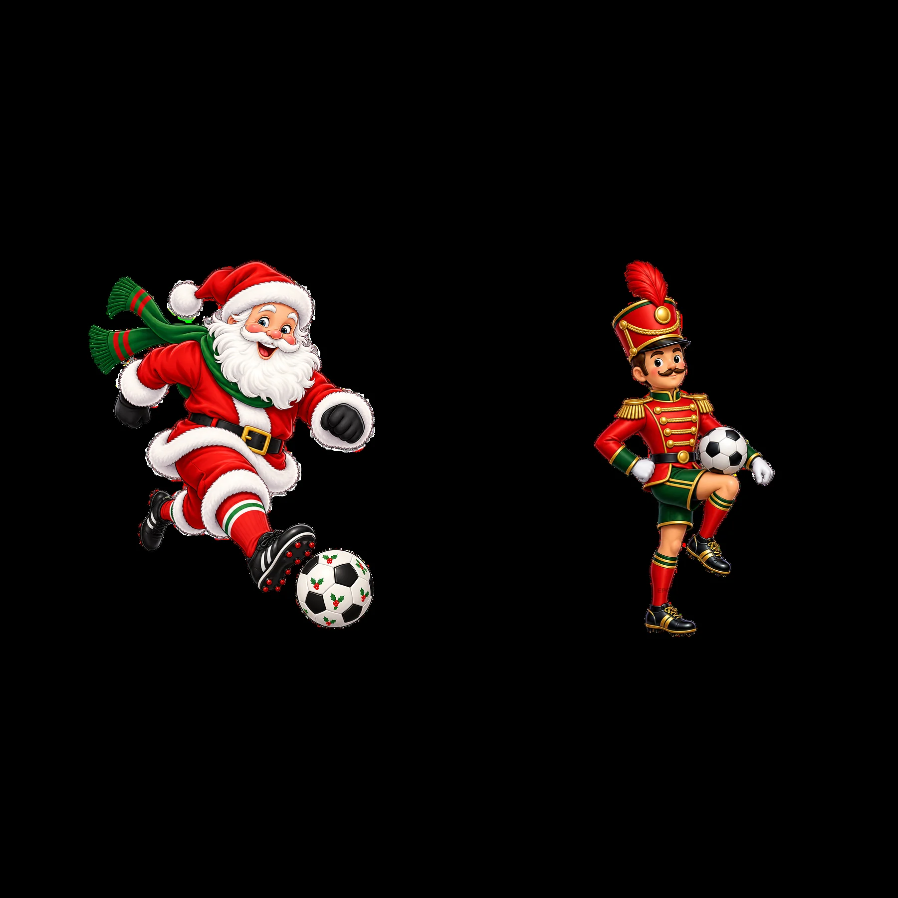 Santa Claus and toy soldier playing soccer together - AI-generated stock image