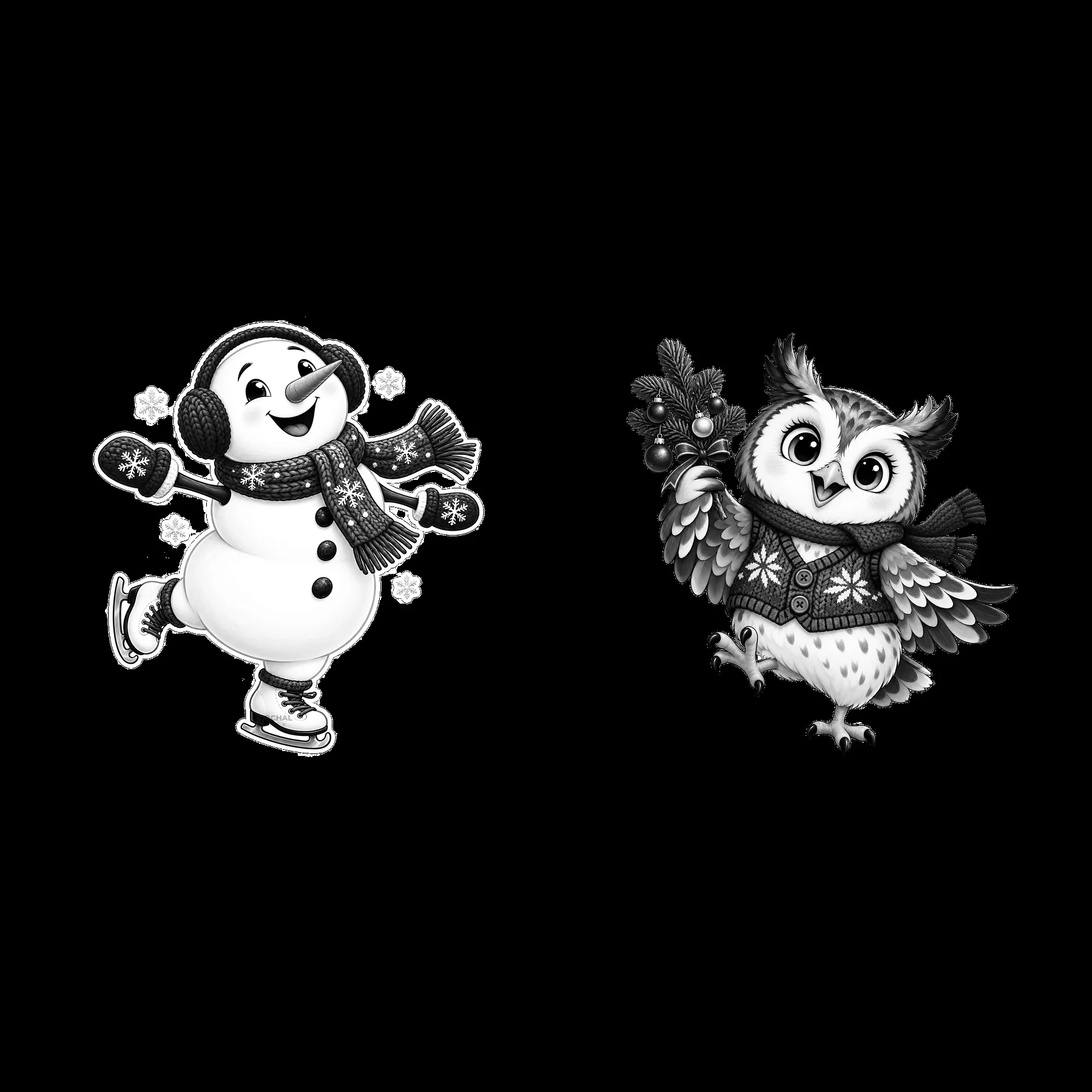 Snowman skating with an owl holding Christmas decorations - AI-generated stock image