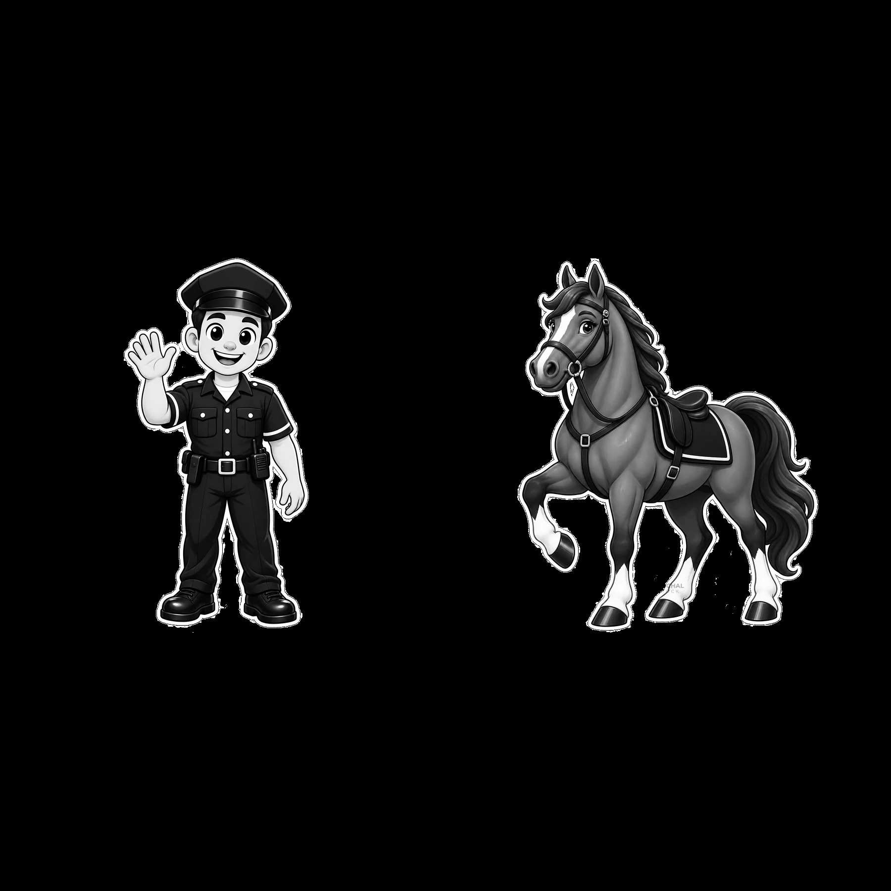 Cartoon police officer and horse in monochrome illustration - AI-generated stock image