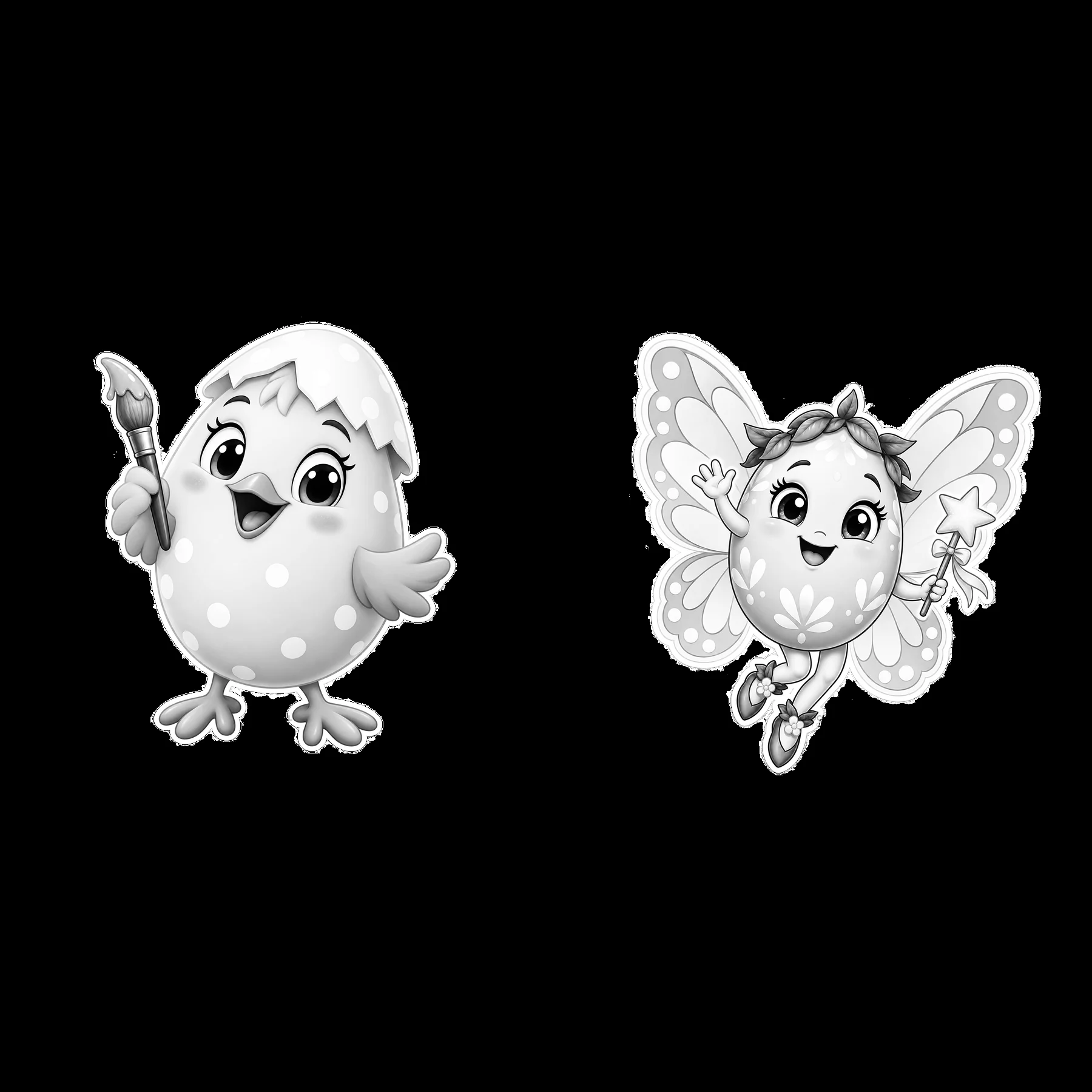 Easter egg character with a chick and a butterfly in black and white - AI-generated stock image