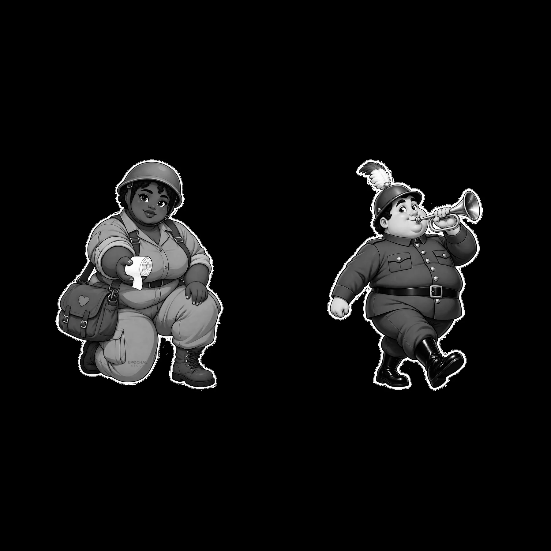 Chubby cartoon soldier characters in monochrome illustration - AI-generated stock image