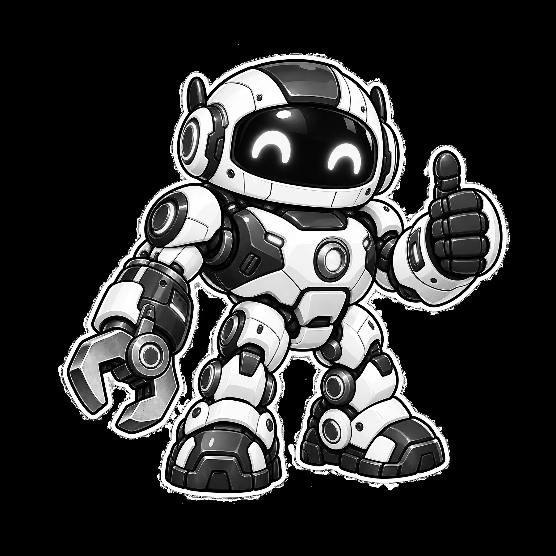 Kawaii futuristic robot holding a thumbs up and smiling - AI-generated stock image