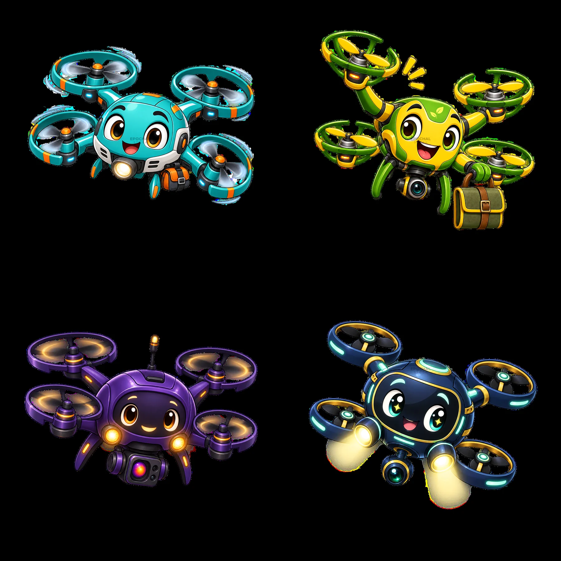 Four colorful cartoon drones displaying distinct designs and features - AI-generated stock image