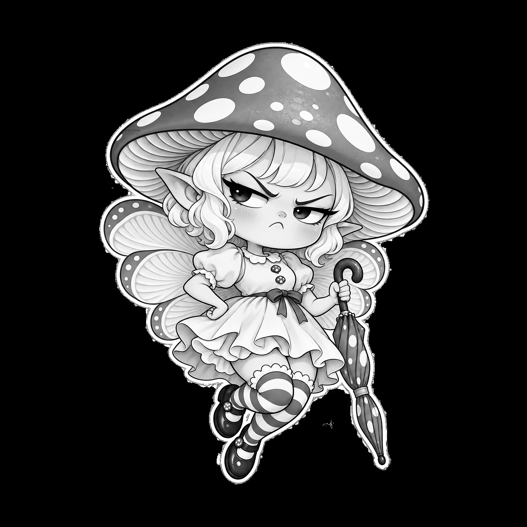 Kawaii grumpy fairy holding an umbrella with mushroom hat - AI-generated stock image