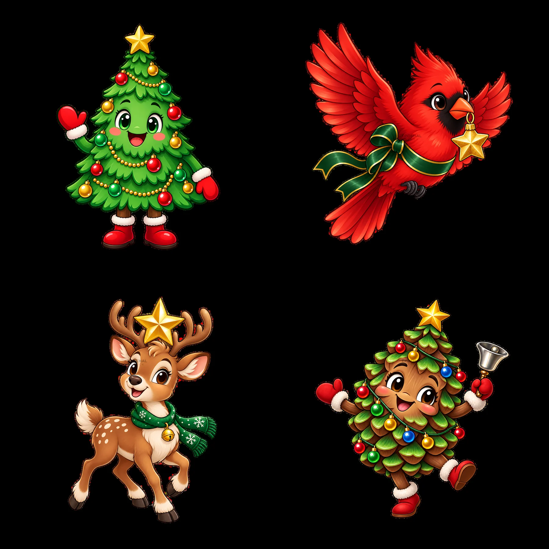 Christmas tree, cute reindeer, joyful cardinal, and festive child - AI-generated stock image