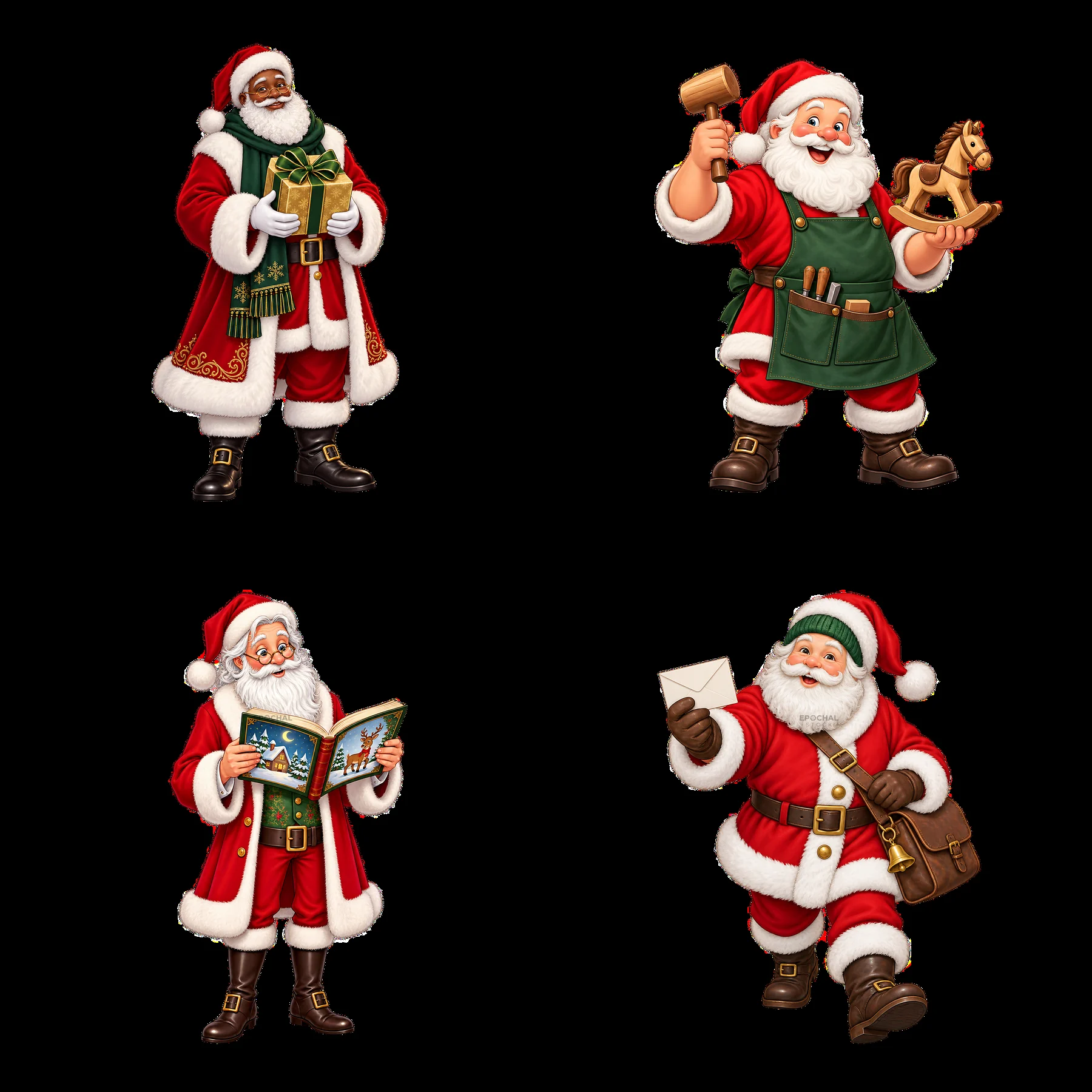 Santa Claus characters in festive activities and outfits - AI-generated stock image