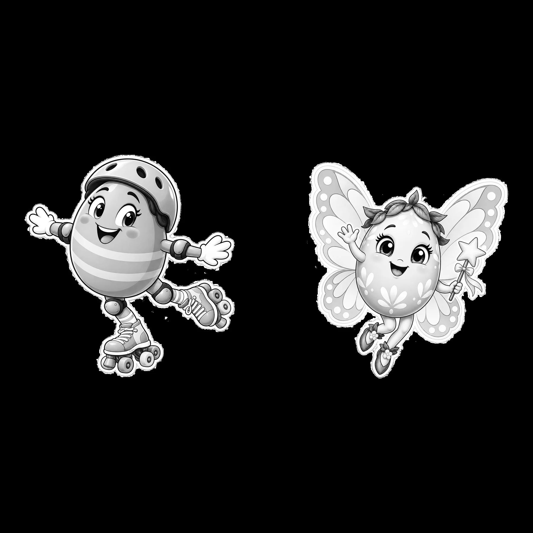 Easter egg characters with rollerblades and butterfly wings - AI-generated stock image