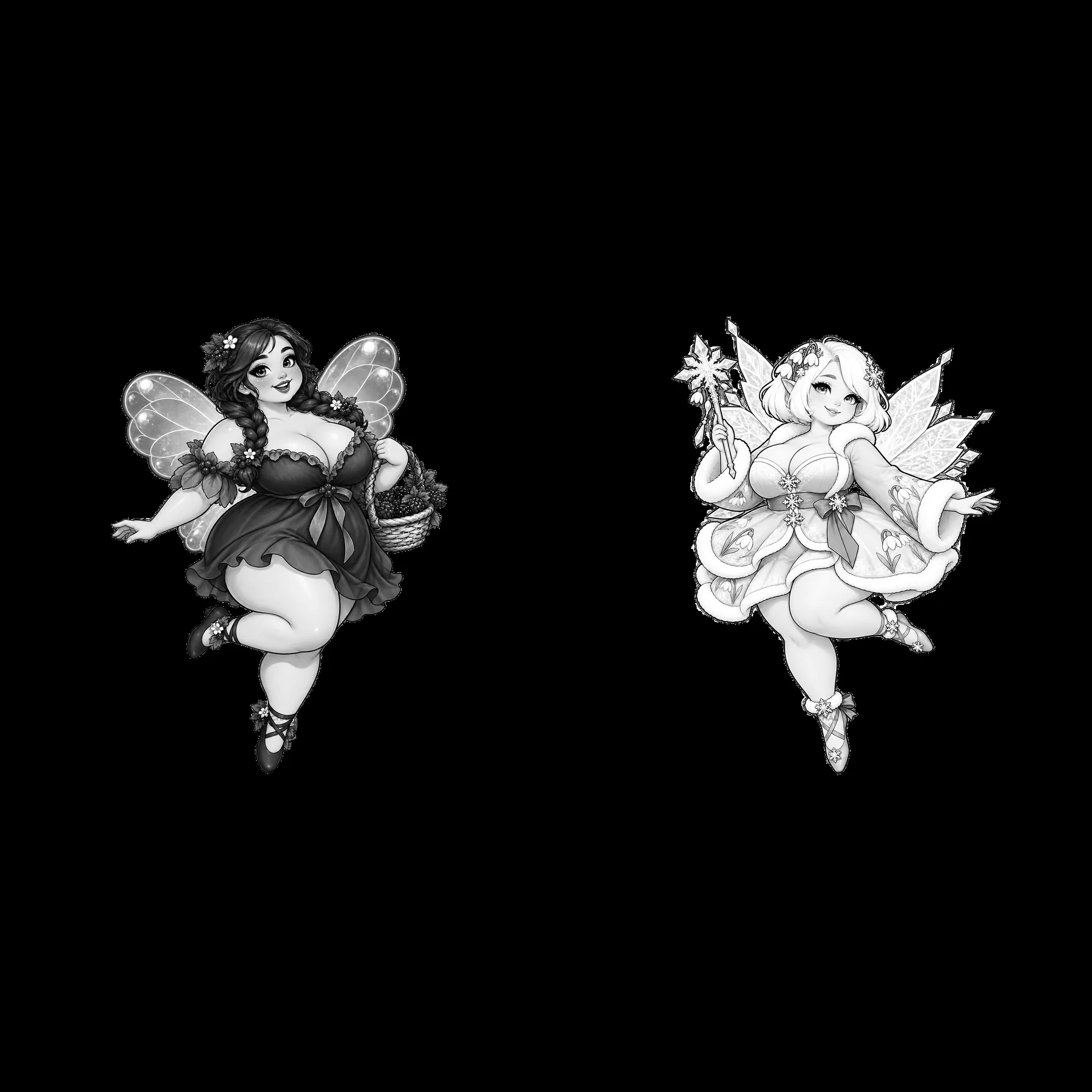 Cute kawaii ultra-fat fairies with wings and accessories - AI-generated stock image