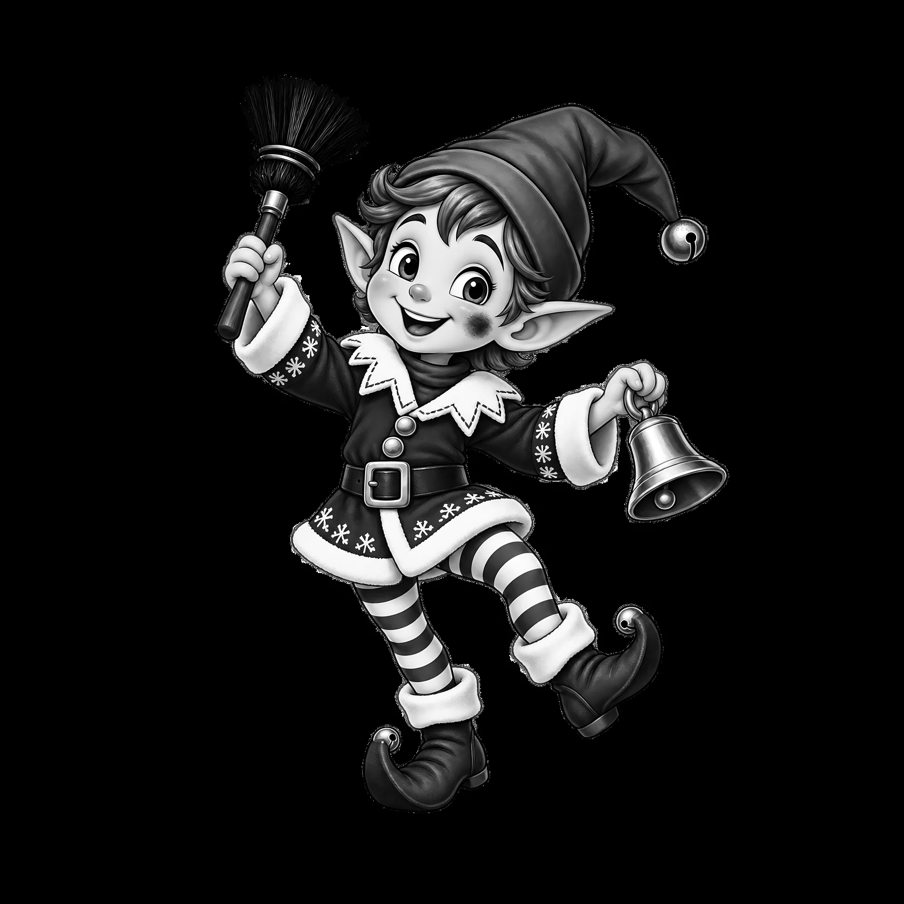 Elf with bell and broom near a fireplace during Christmas season - AI-generated stock image