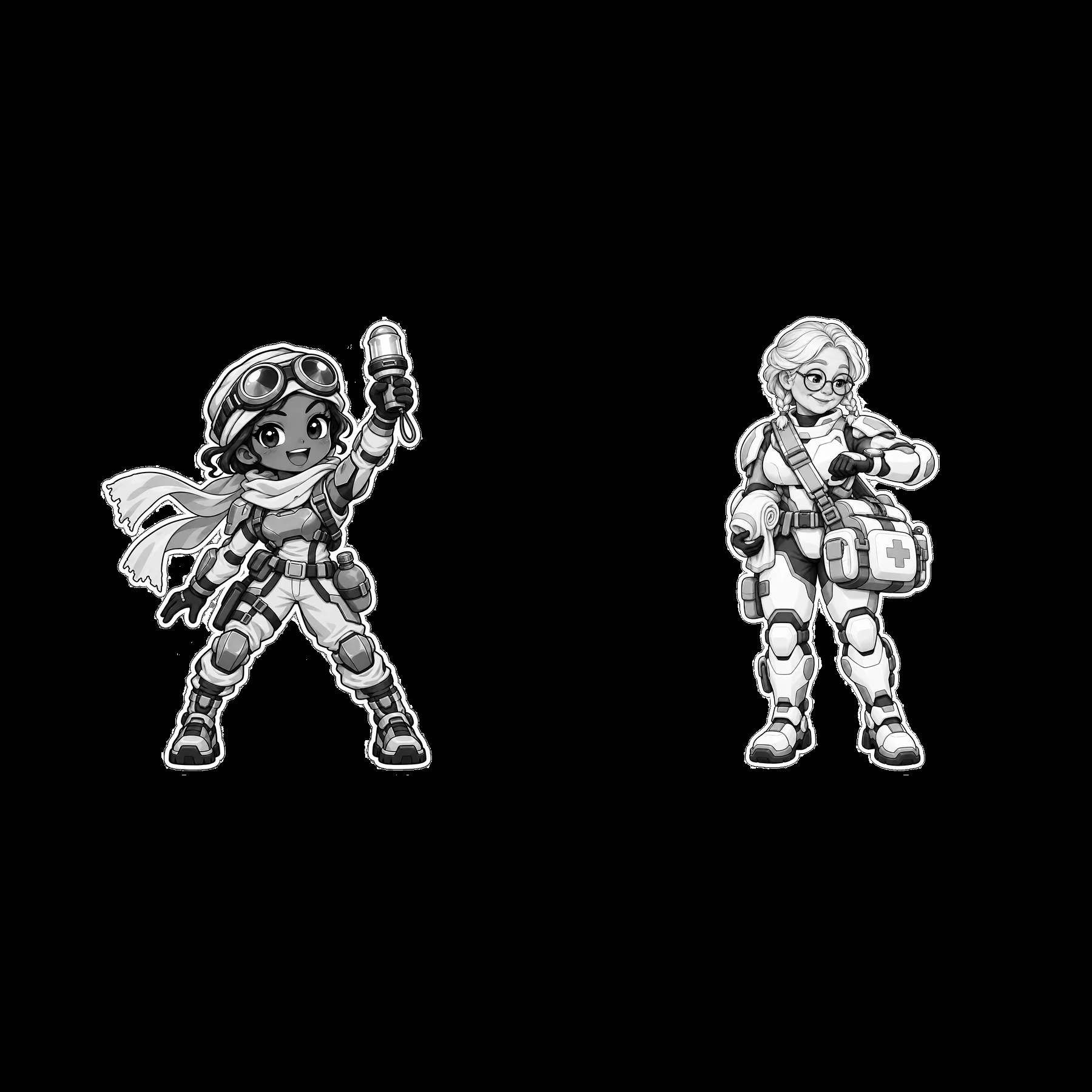 Kawaii futuristic super-soldier duo with accessories and action poses - AI-generated stock image