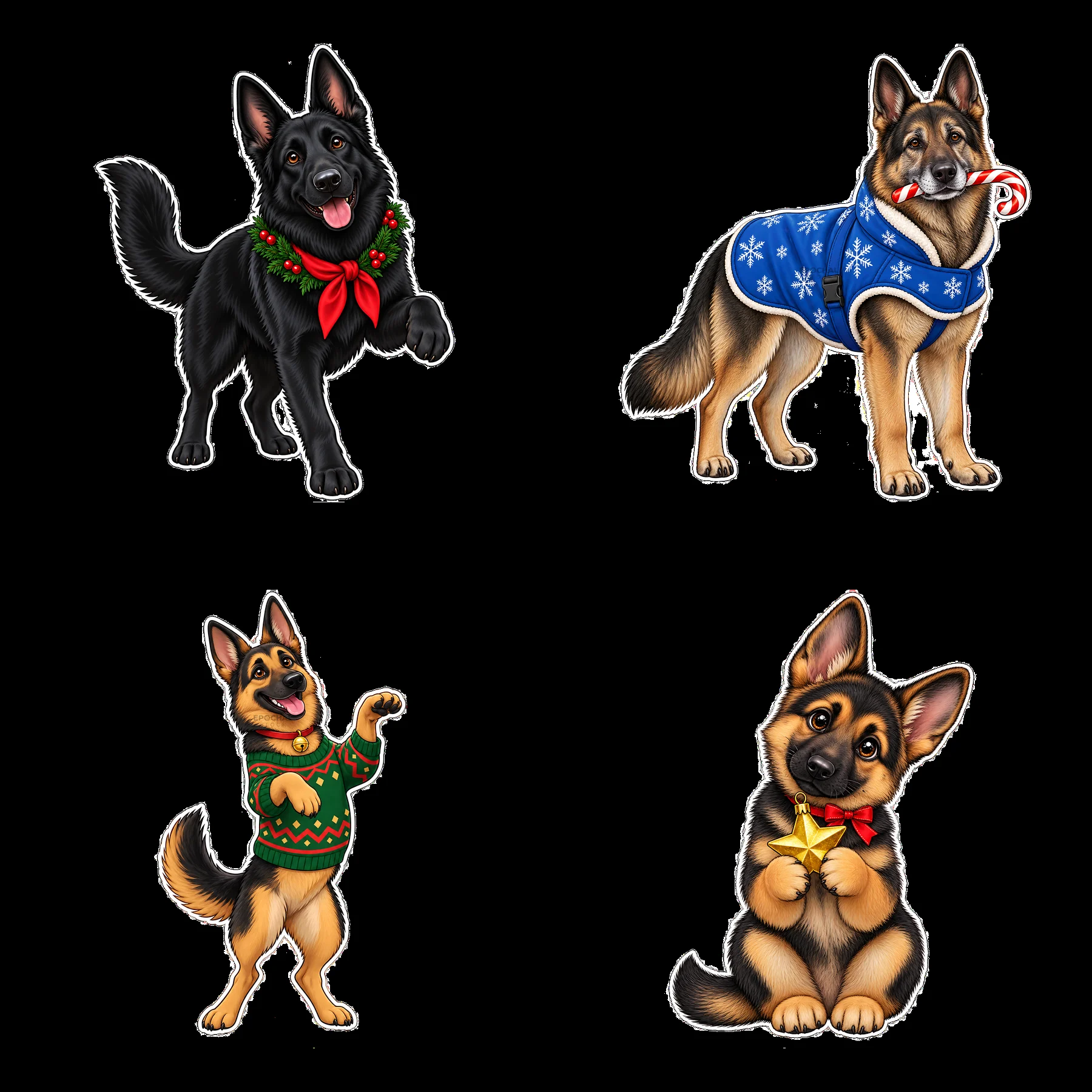 Christmas German Shepherds in festive attire and playful poses - AI-generated stock image