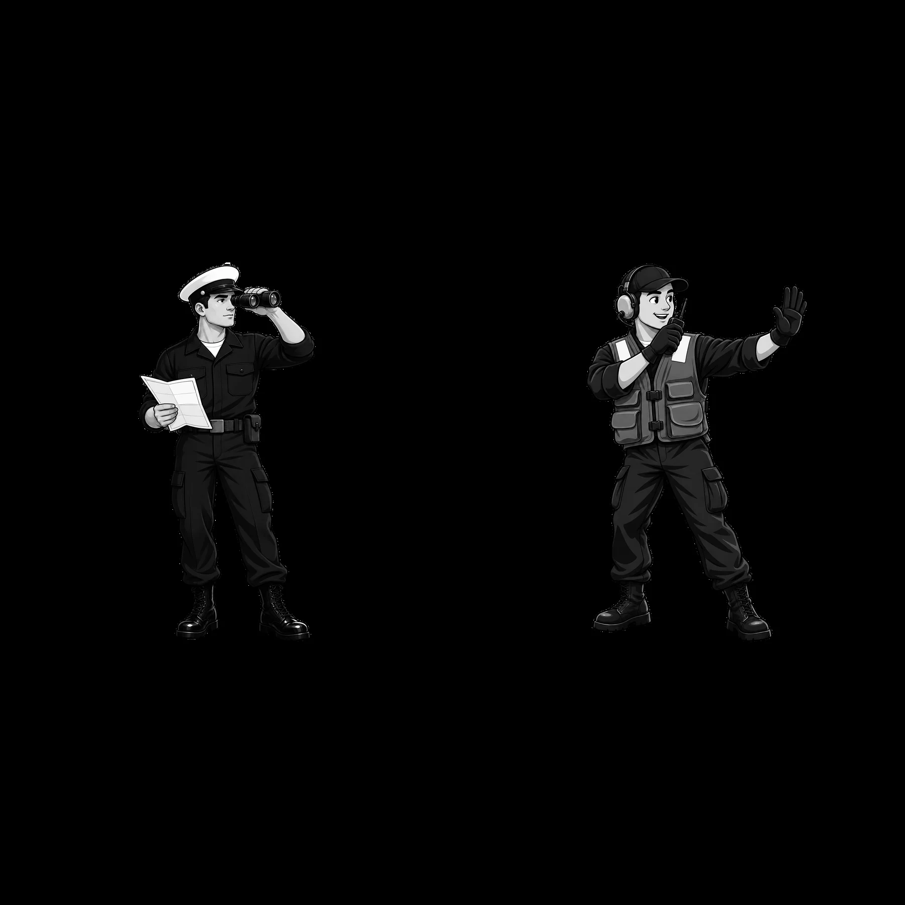 Cartoon characters on aircraft carrier directing operations - AI-generated stock image