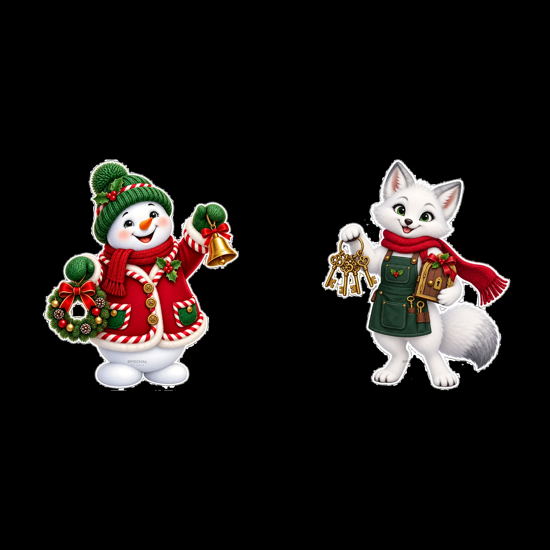Snowman with bell and fox holding keys for Christmas door - AI-generated stock image