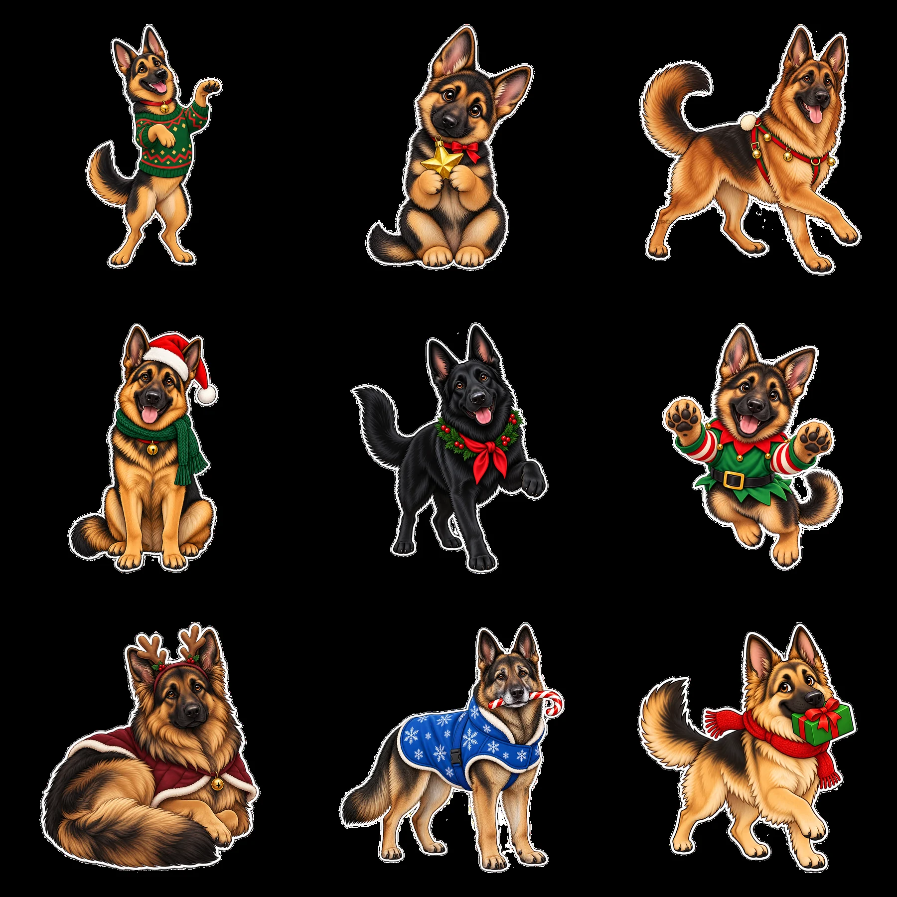 Christmas German Shepherds in festive attire and playful poses - AI-generated stock image