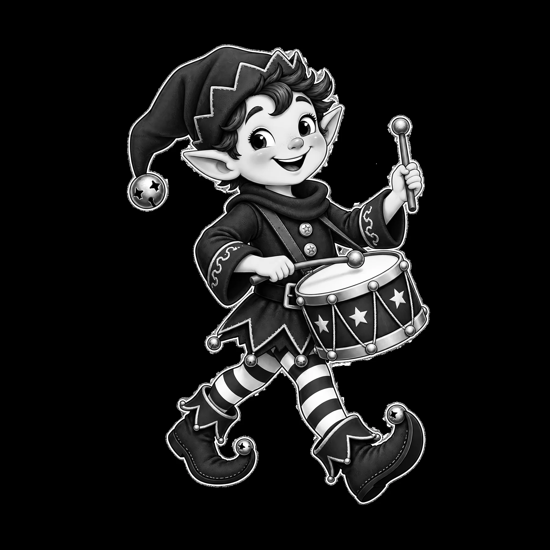 Christmas elf playing drum with a joyful expression - AI-generated stock image