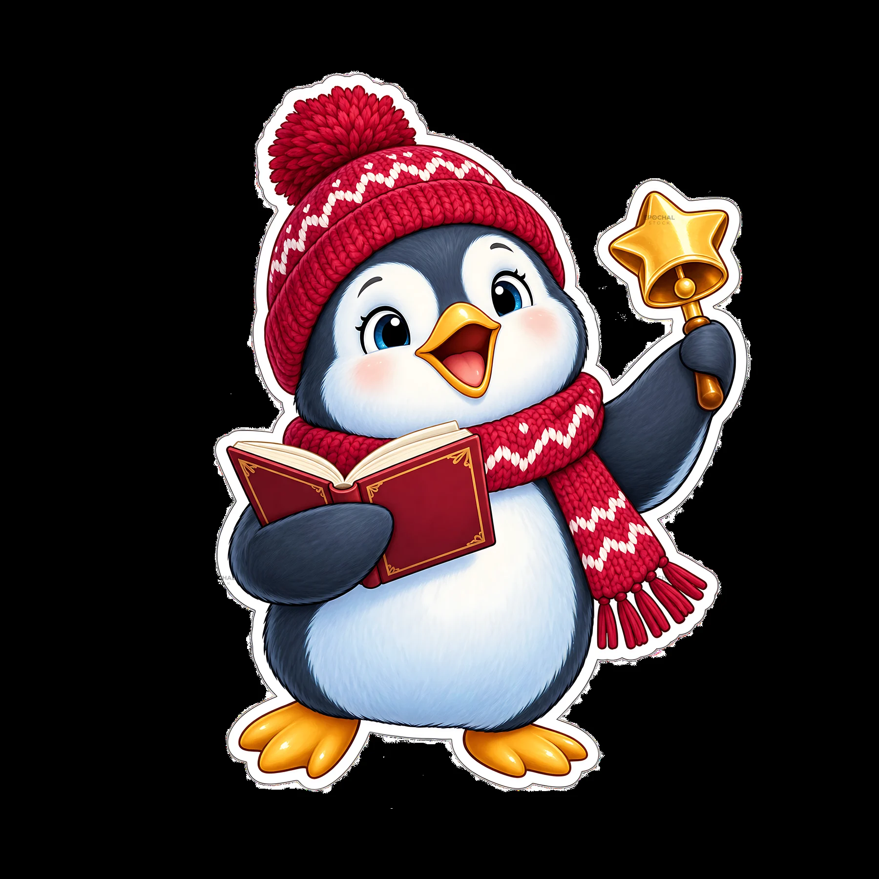 Happy penguin singing with a book and a golden bell for Christmas - AI-generated stock image