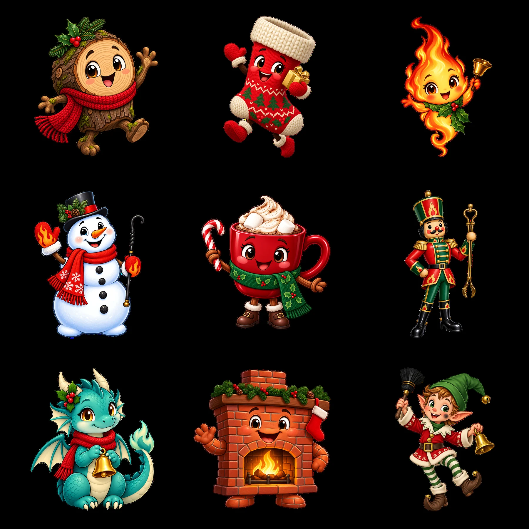 Cartoon stickers featuring Christmas characters in a festive layout - AI-generated stock image