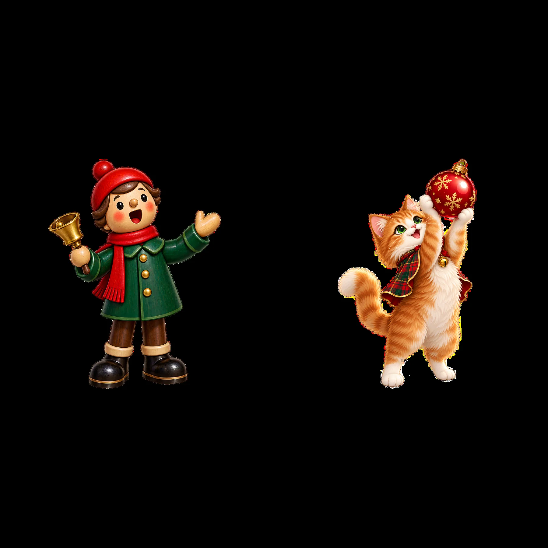 Child and cat celebrating Christmas with a bell and ornament
