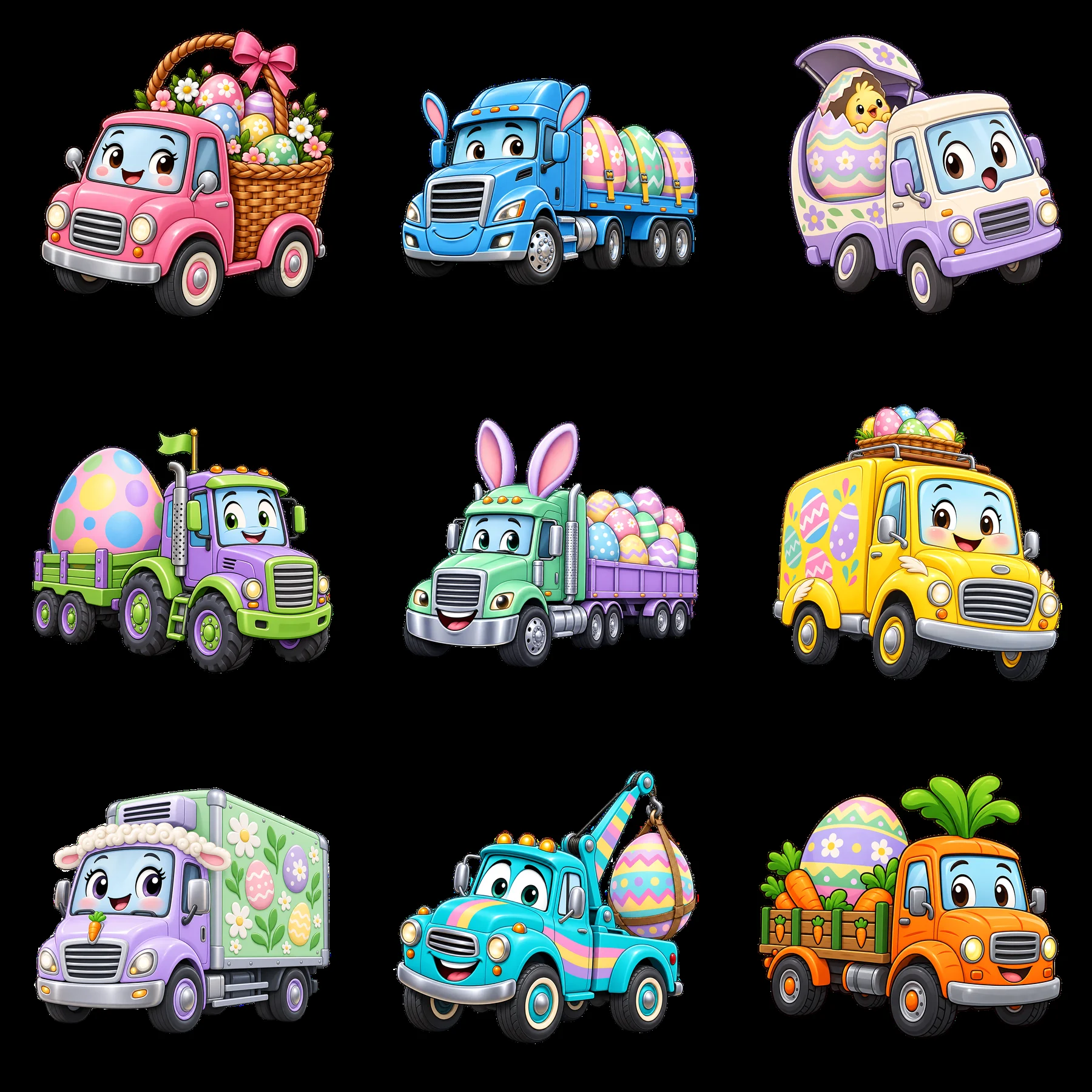 Easter trucks transporting colorful eggs and festive baskets - AI-generated stock image