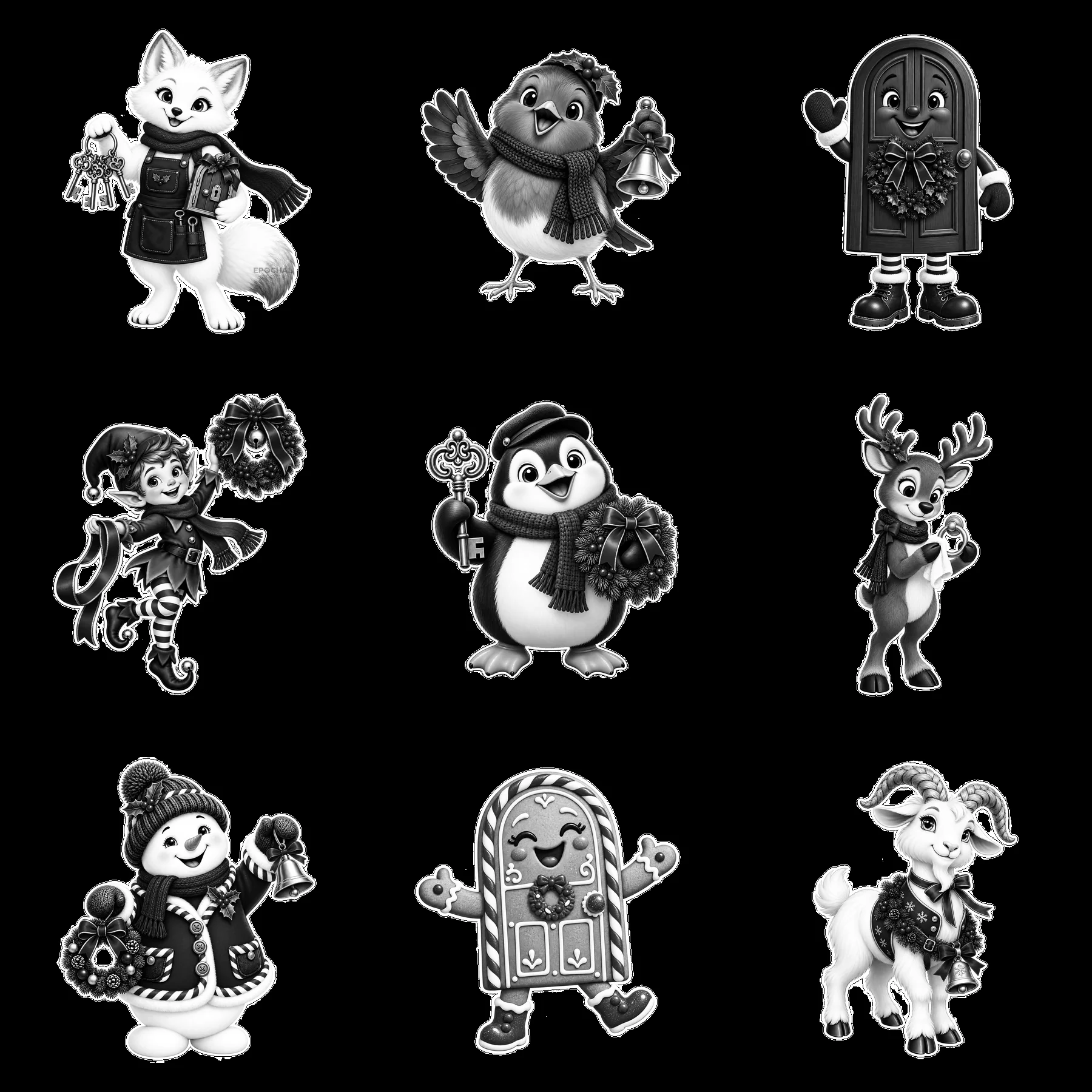 Christmas door cartoon sticker collection with animals and characters - AI-generated stock image