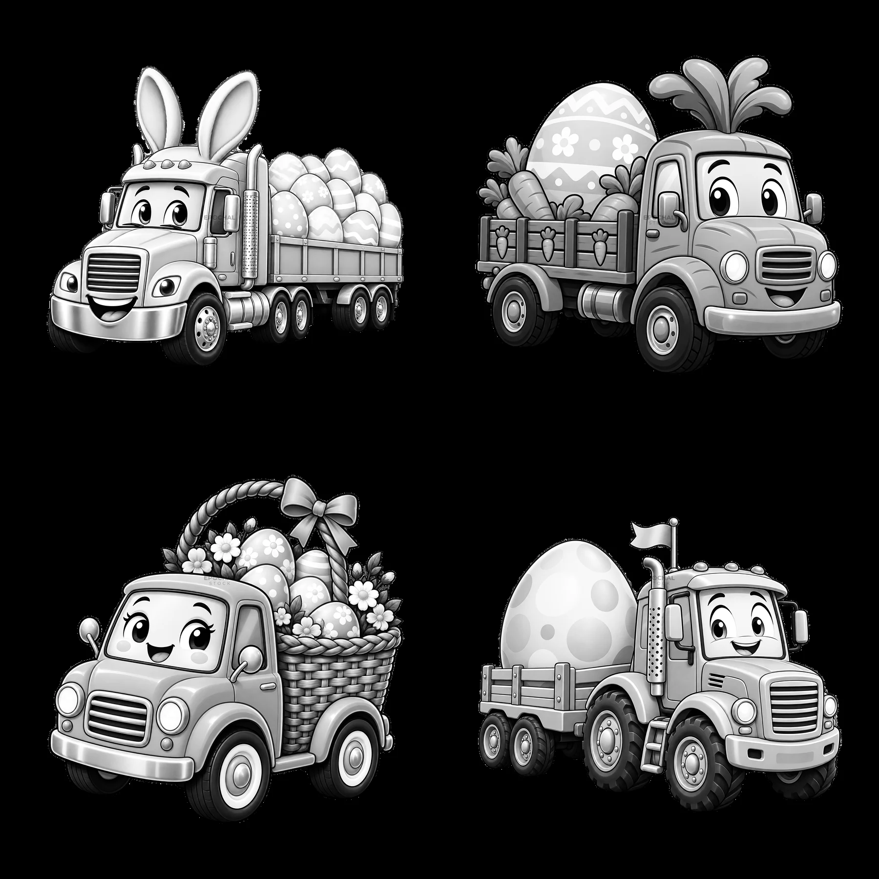 Easter trucks with decorations and eggs in a 2x2 layout - AI-generated stock image