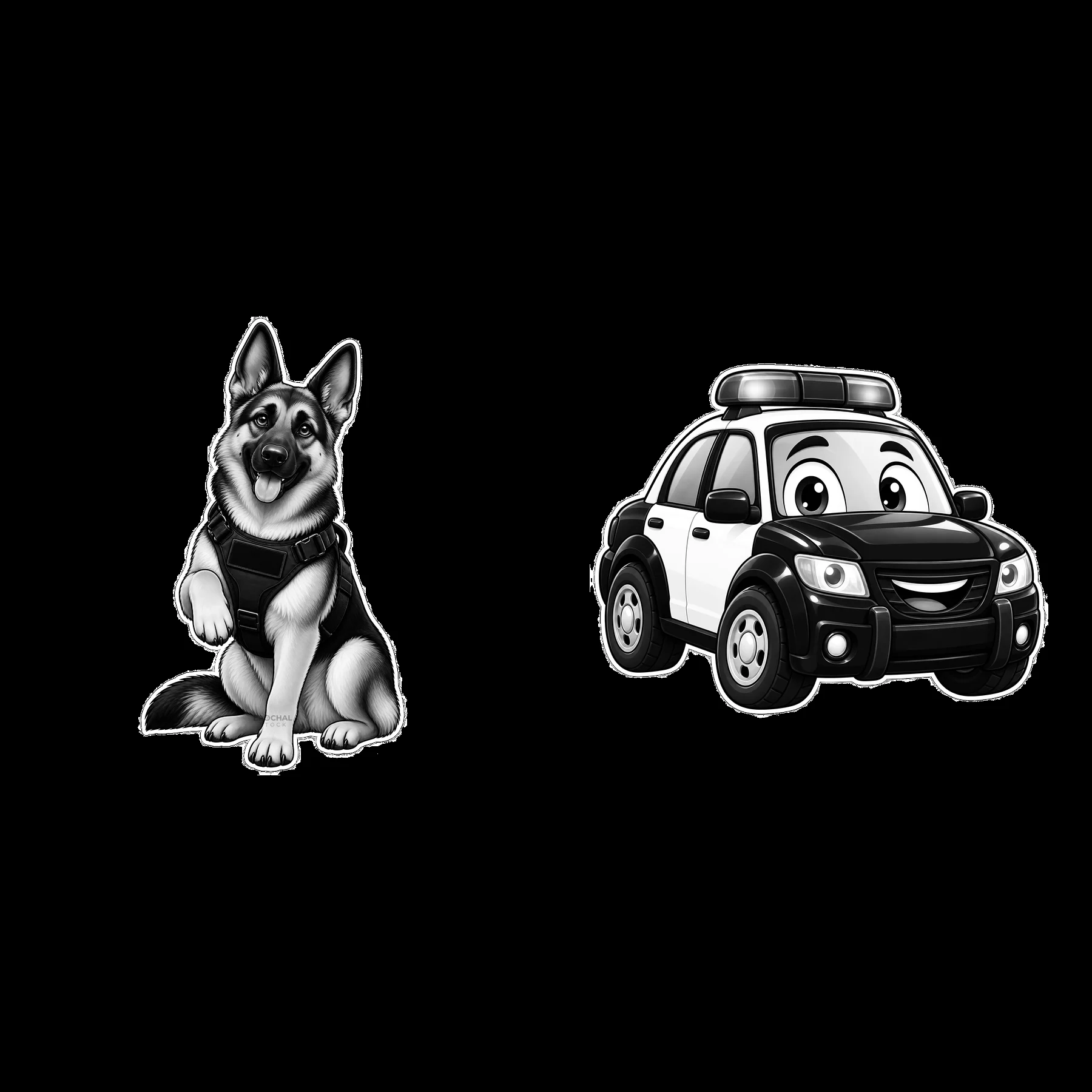 Cartoon police dog and police car stickers in monochrome design - AI-generated stock image