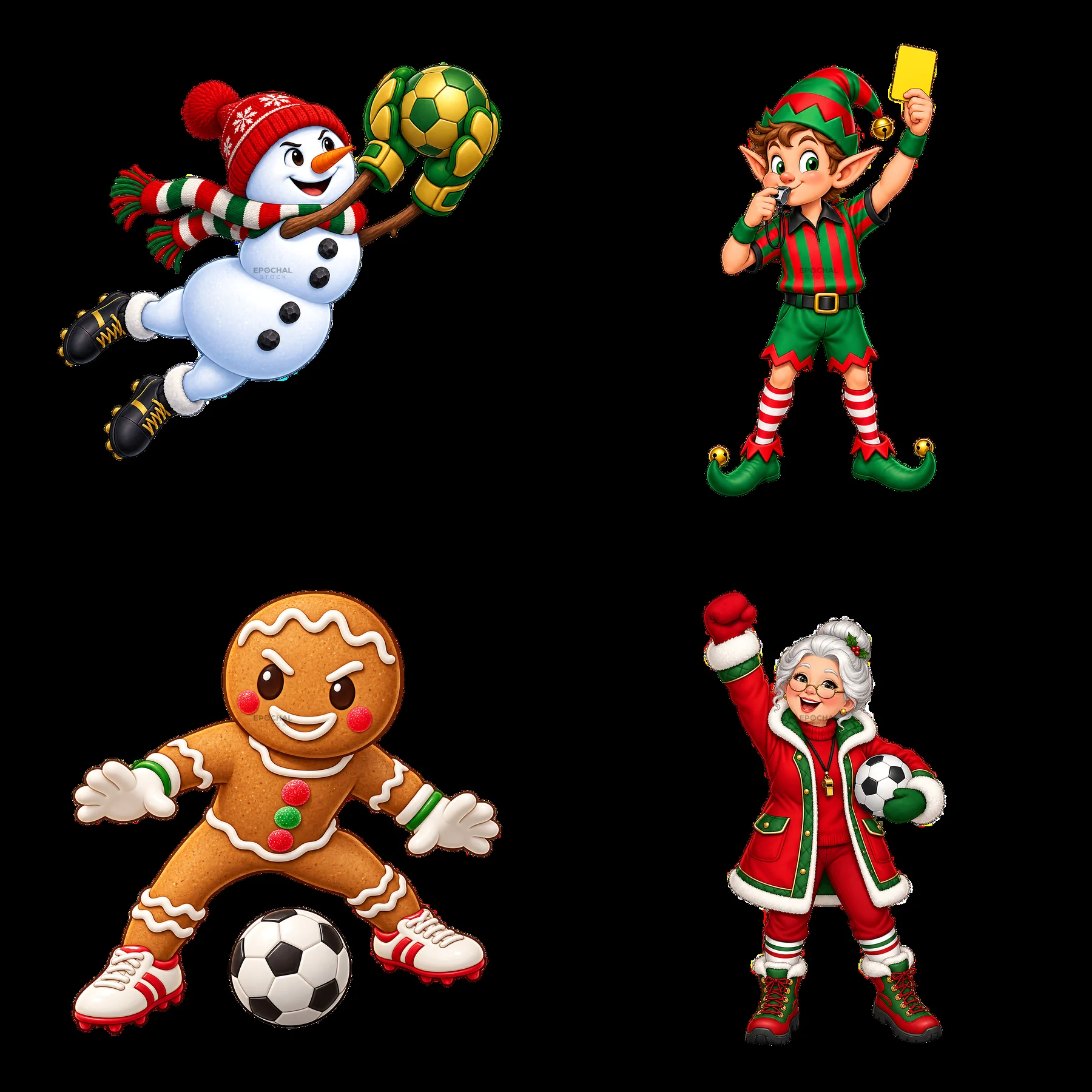 Christmas cartoon soccer characters in a 2x2 layout - AI-generated stock image