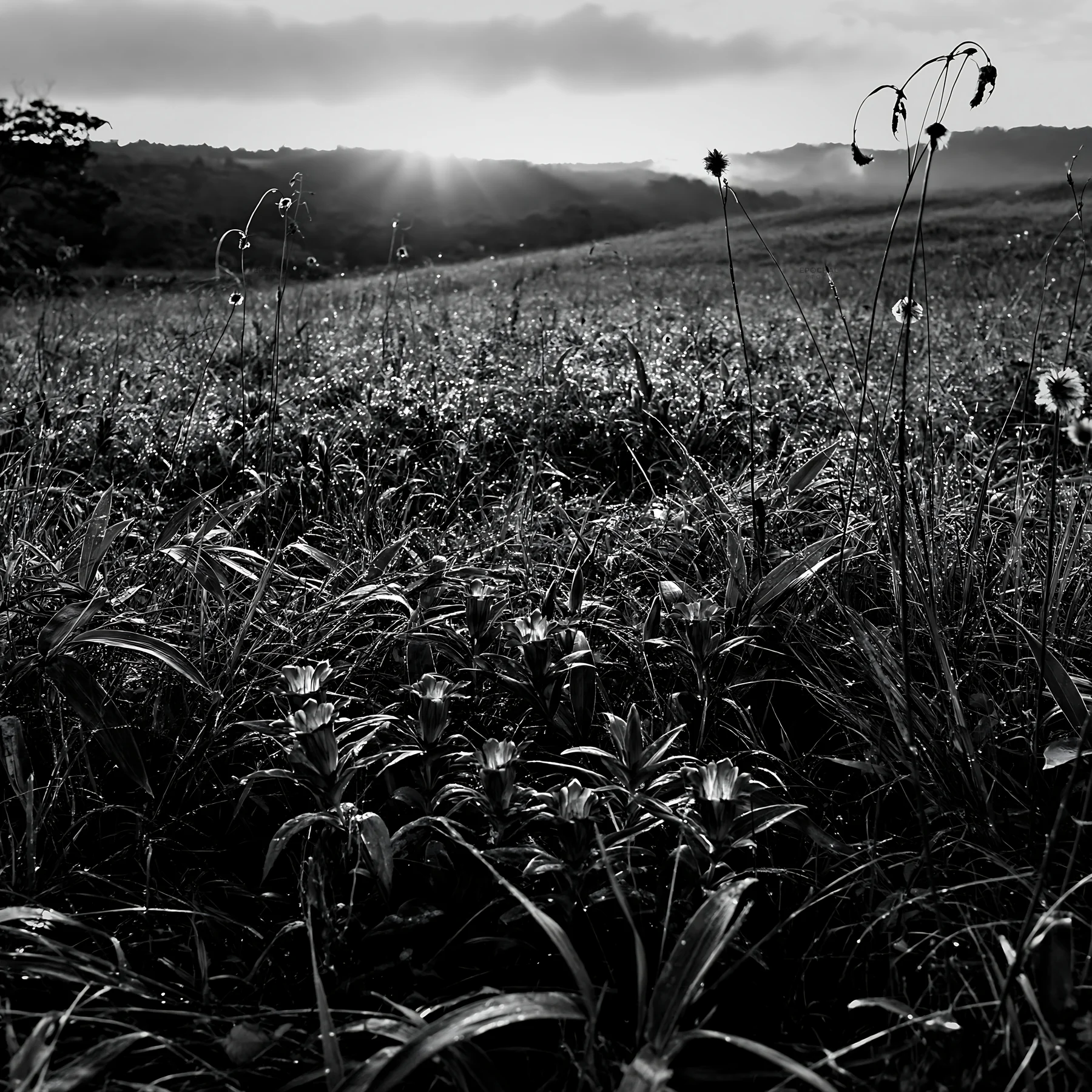 Black and white expansive Hokkaido restoration meadow with dewdrops - AI-generated stock image