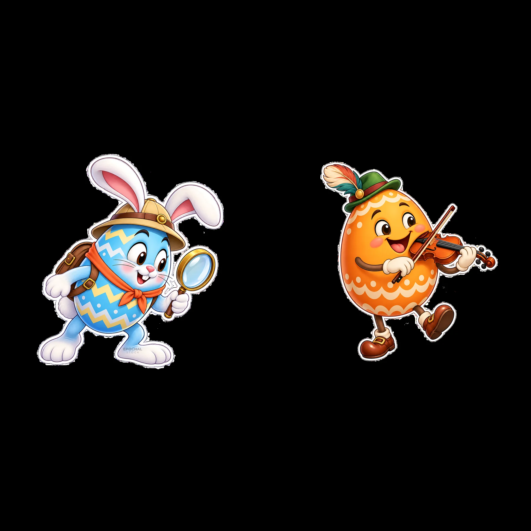 Easter bunny with magnifying glass and musical egg character - AI-generated stock image
