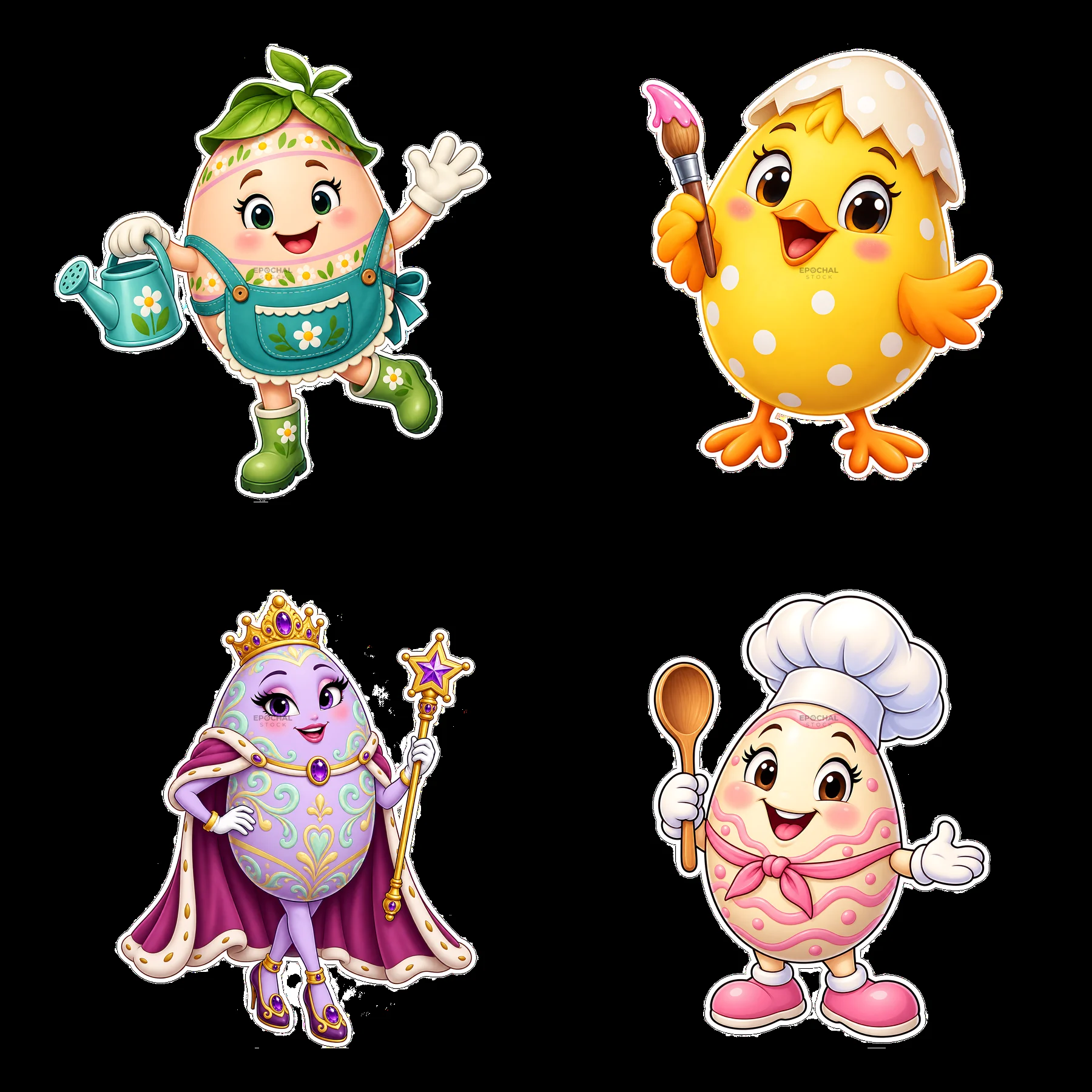 Colorful cartoon Easter egg characters in playful poses - AI-generated stock image