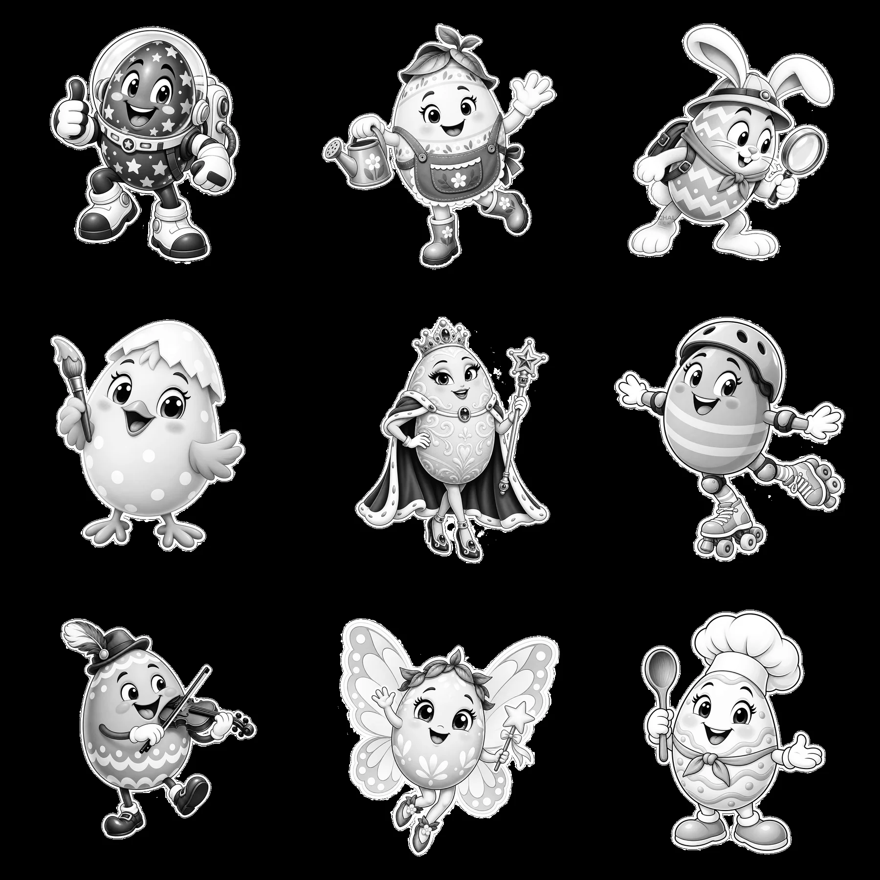 Easter egg characters in a 3x3 grid with various activities - AI-generated stock image