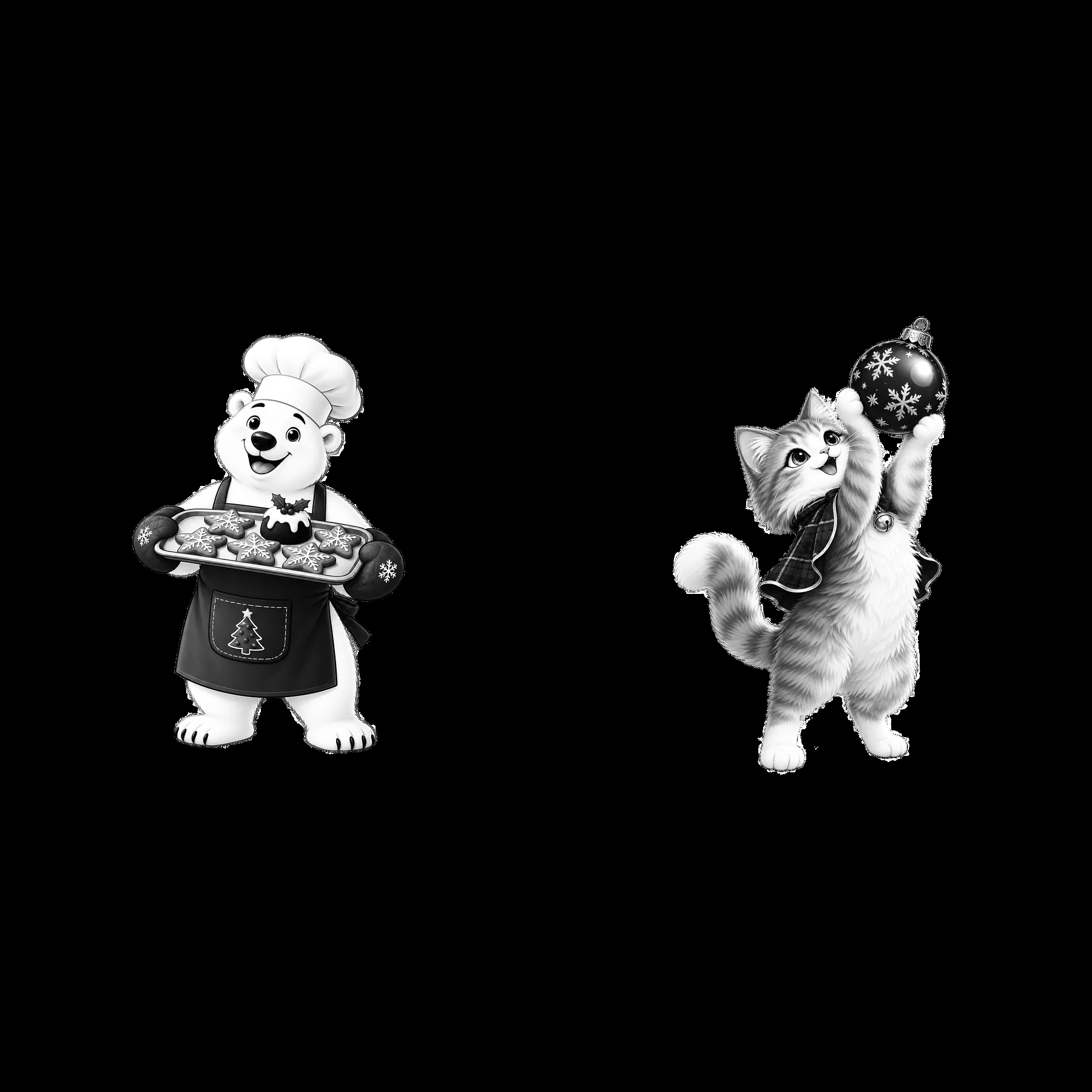 Polar bear baking cookies with cat holding Christmas ornament