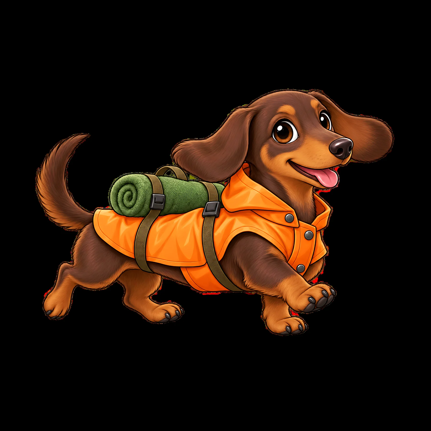 Happy cartoon dog in a backpack with camping gear - AI-generated stock image