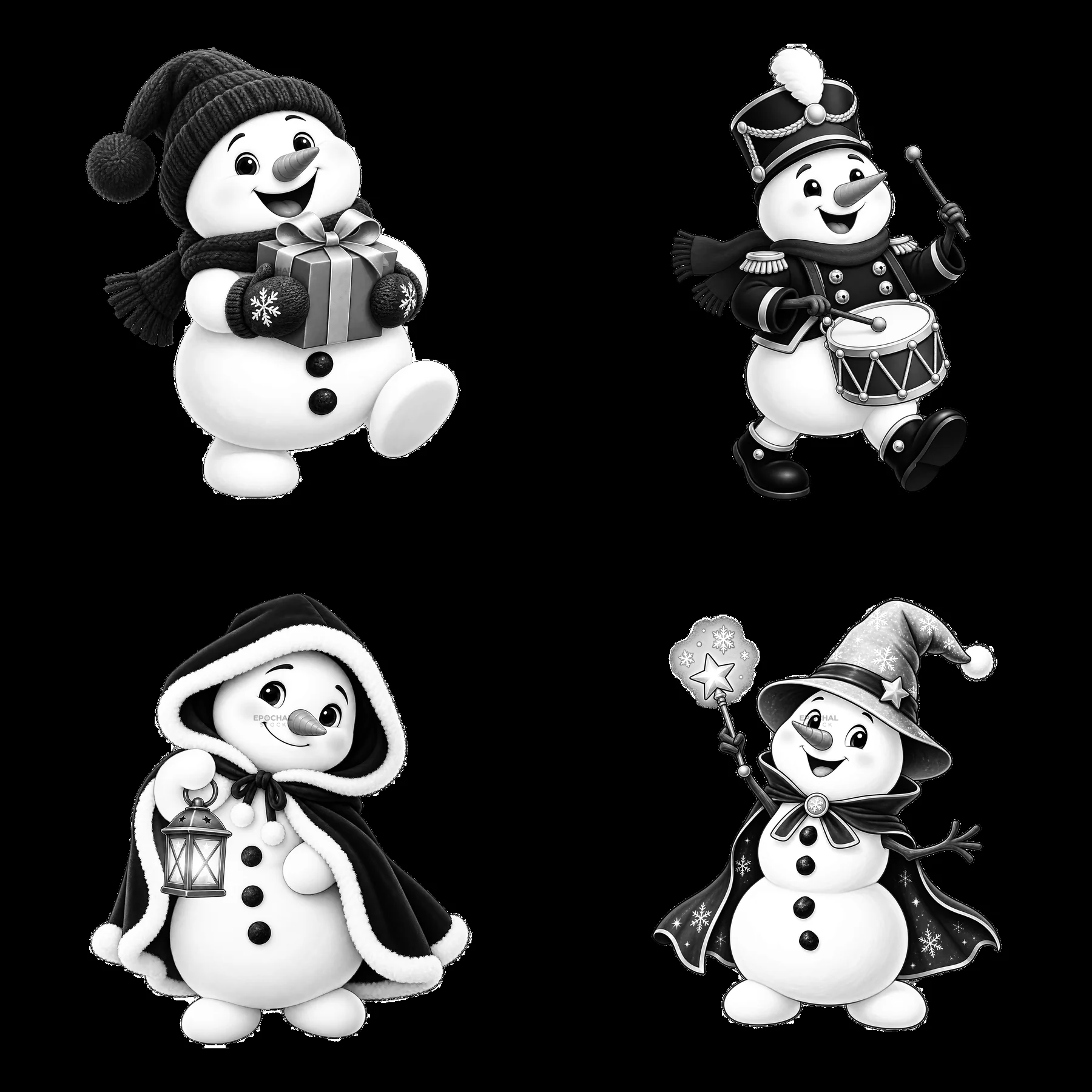 Four festive snowmen with gifts, instruments and a magical wand - AI-generated stock image