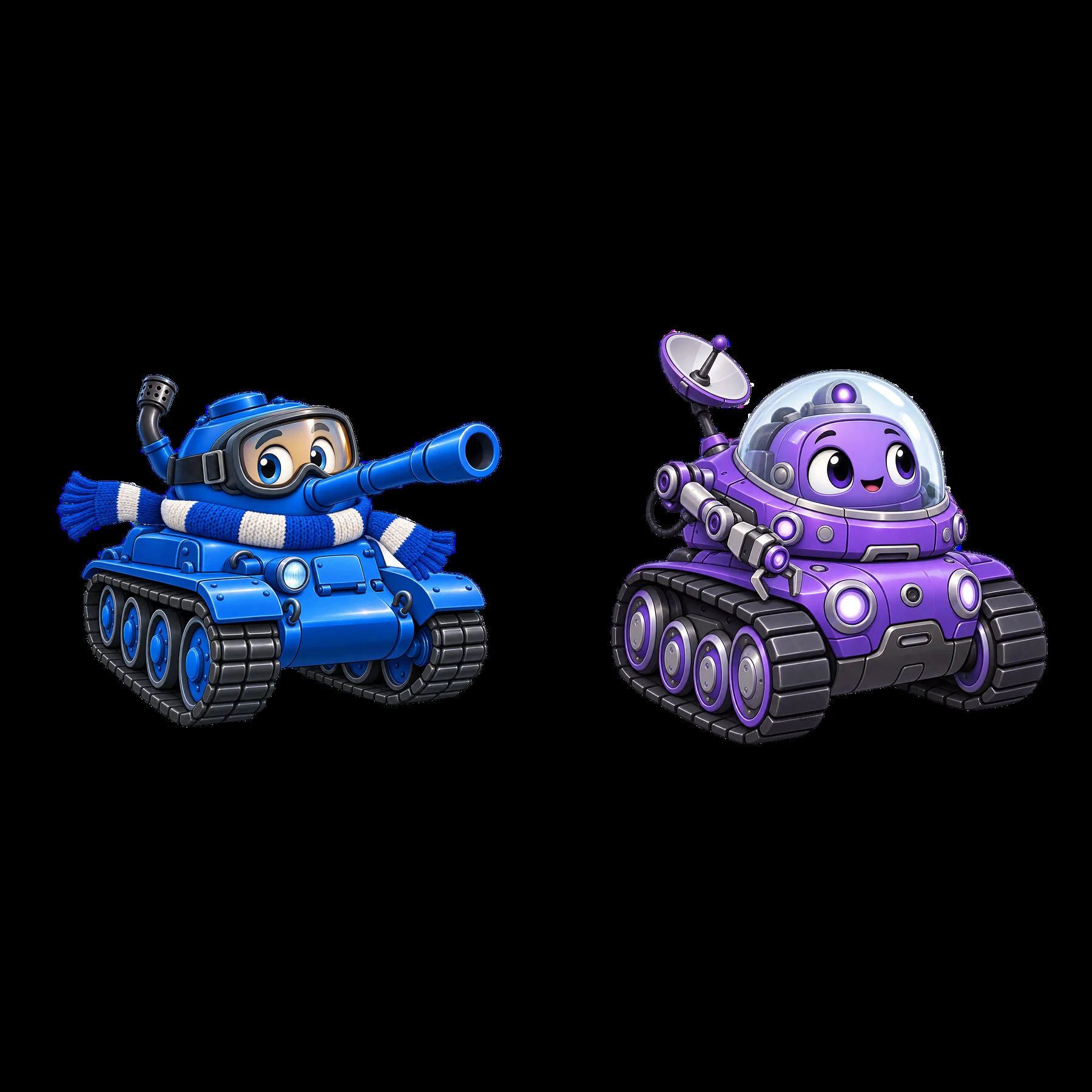Two cartoon tanks with characters in winter gear and accessories - AI-generated stock image