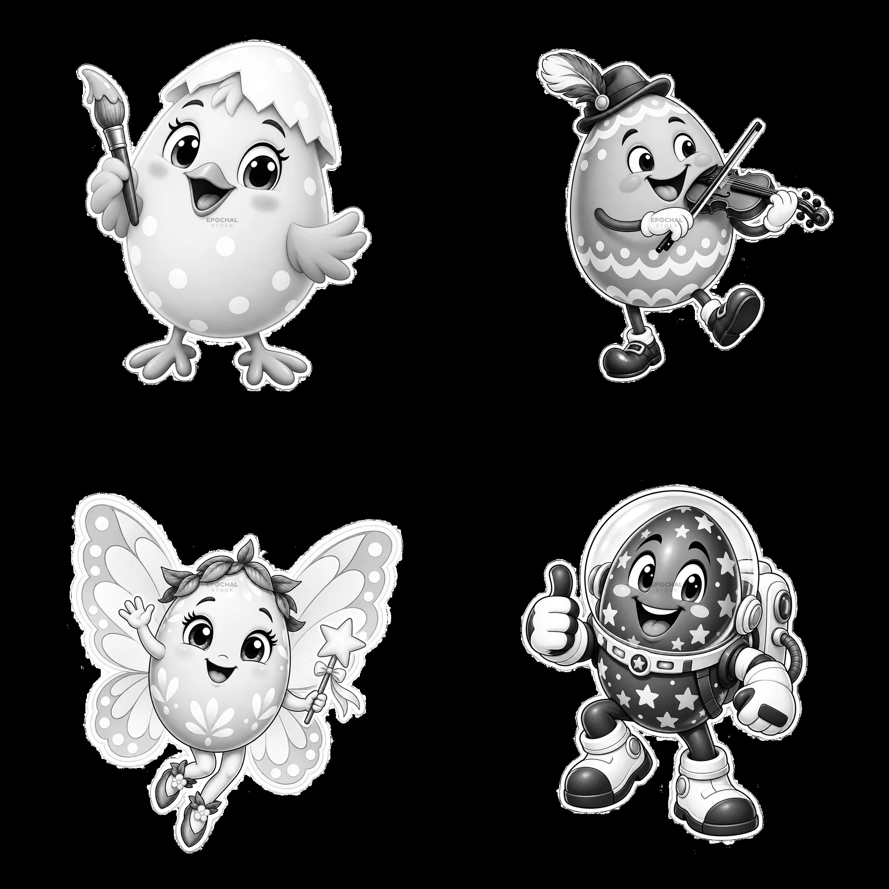 Easter egg characters with accessories in monochrome design - AI-generated stock image