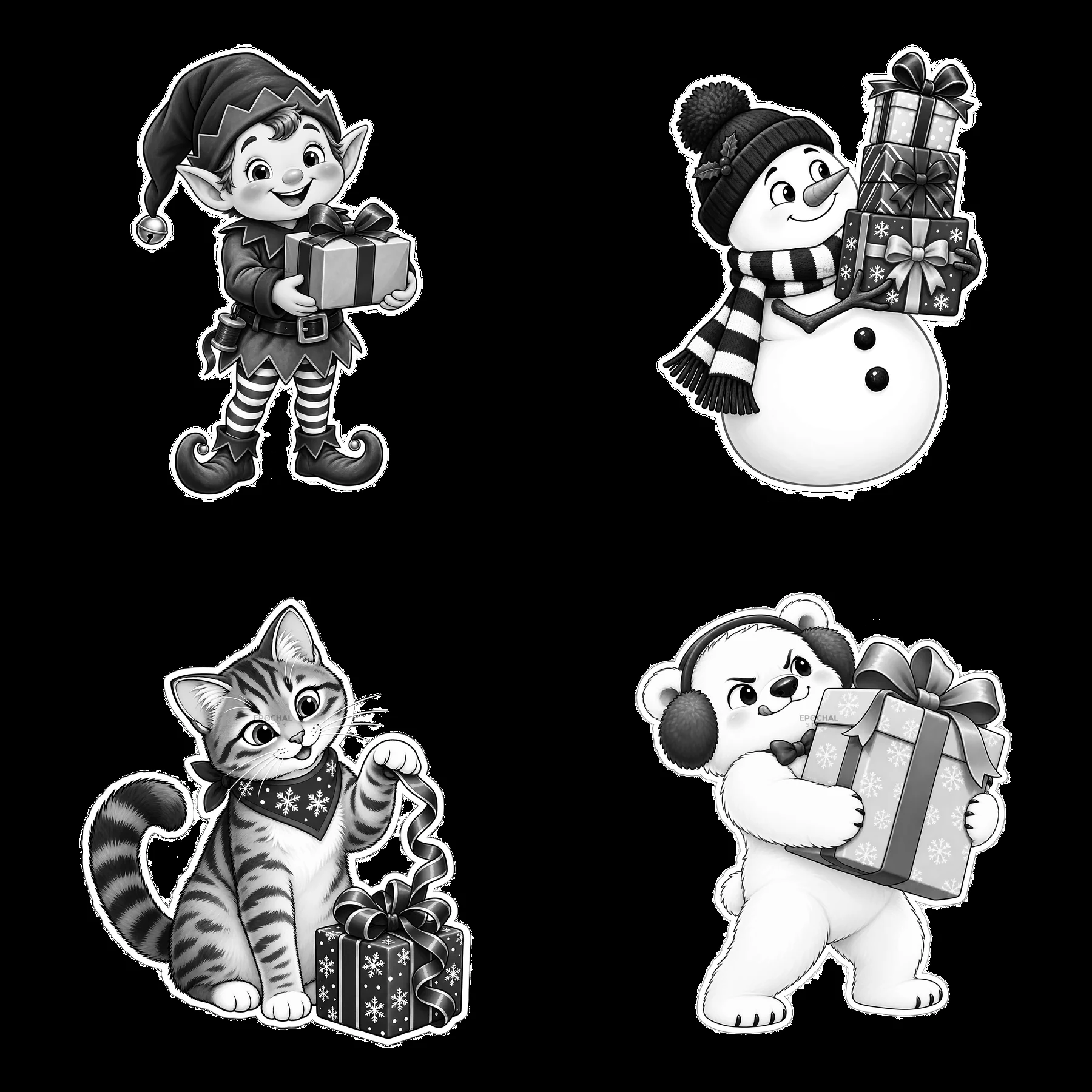 Christmas characters holding gifts in a 2x2 arrangement - AI-generated stock image
