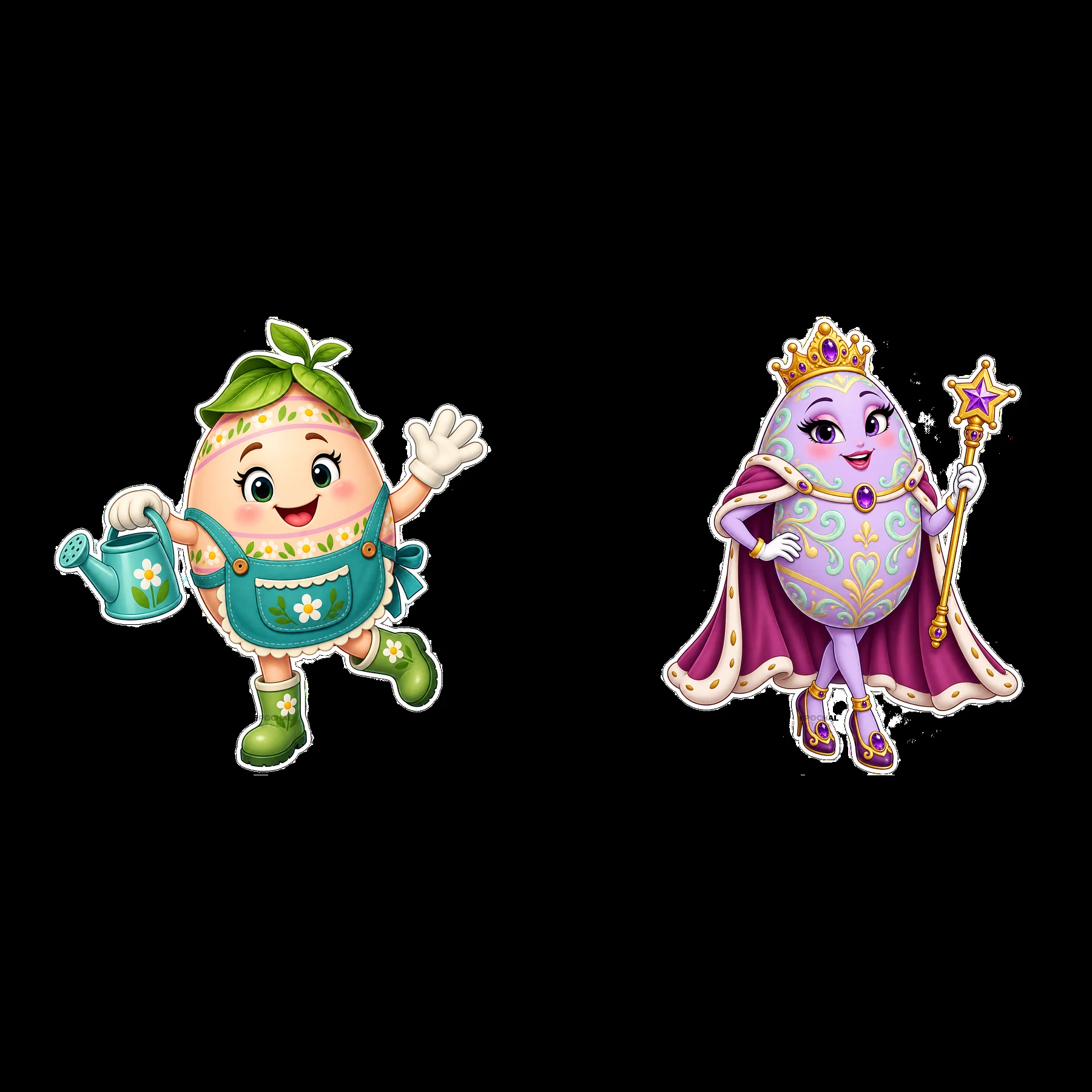 Easter egg character stickers featuring a gardener and a queen - AI-generated stock image