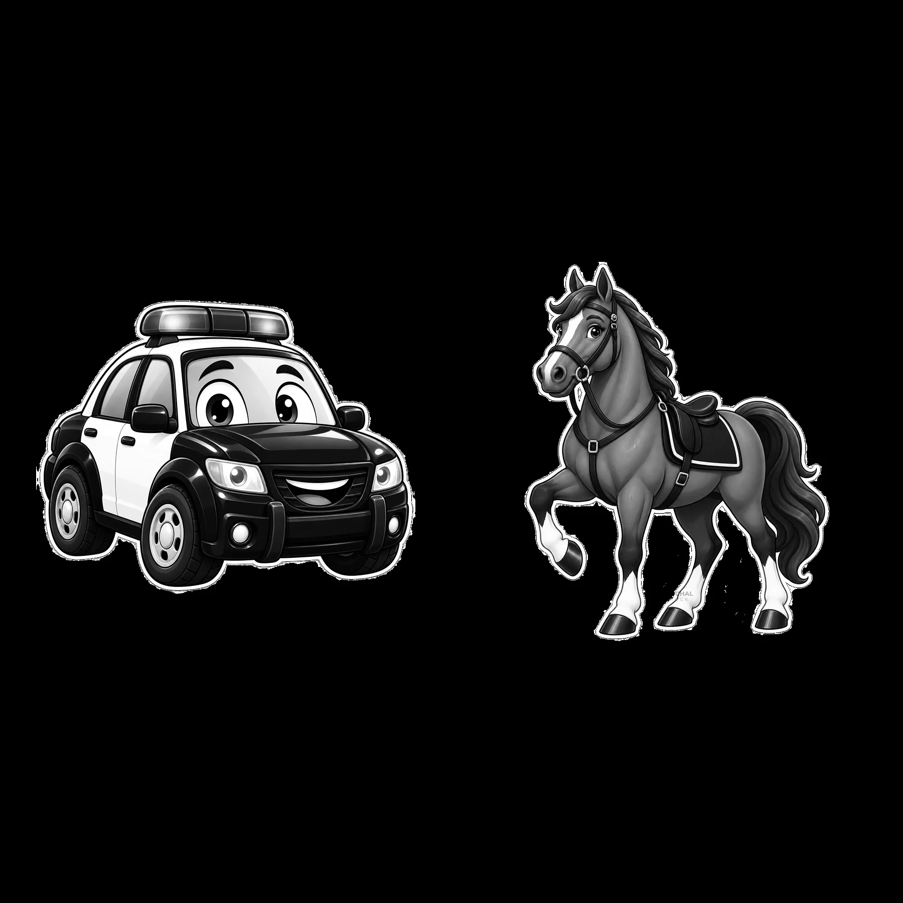 Cartoon police car and a horse sticker set - AI-generated stock image