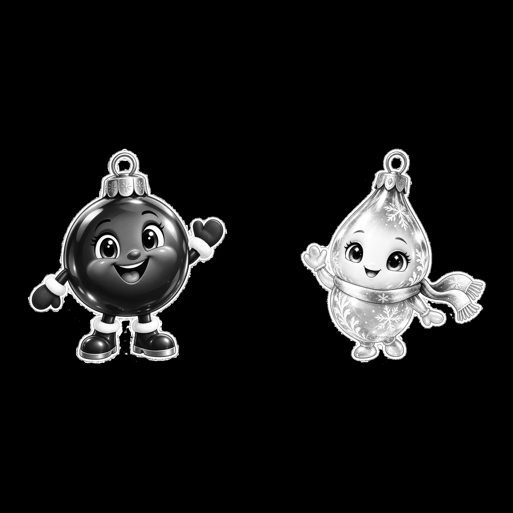 Cartoon Christmas ornaments with smiling expressions and waving hands - AI-generated stock image